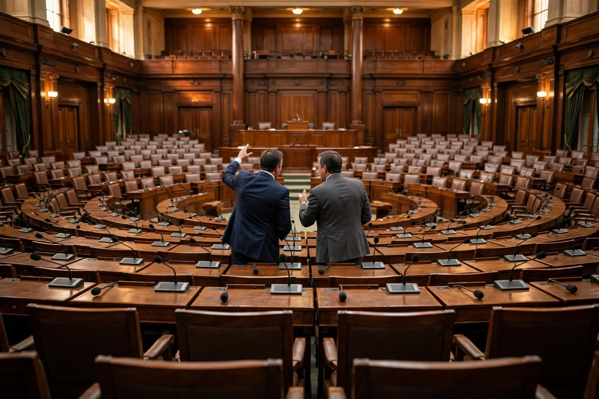 Dos senadores de espaldas debatiendo en un hemiciclo de madera con curules y micrófonos