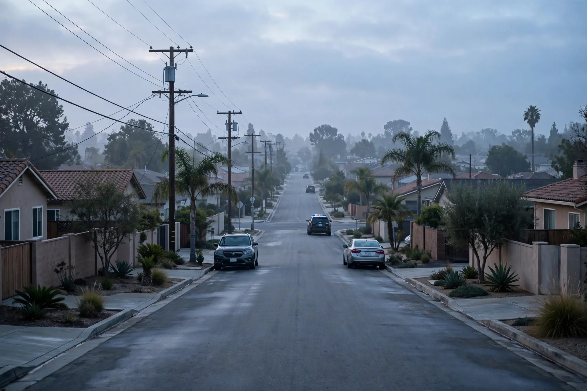 Calle residencial de California al amanecer con casas, palmeras y un vehículo oficial a lo lejos