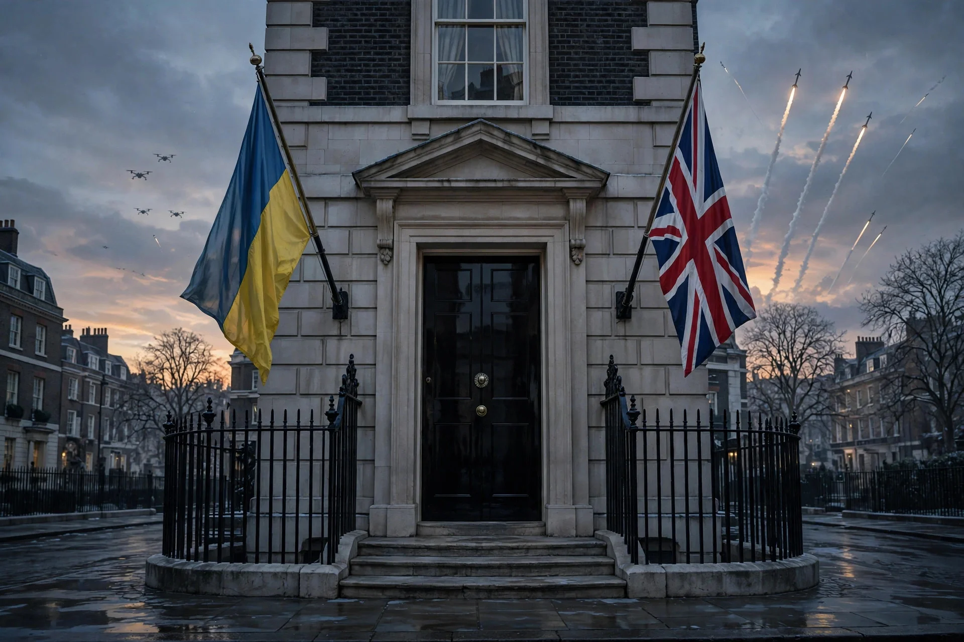 Puerta de Downing Street en Londres al atardecer invernal con las banderas de Ucrania y Reino Unido y siluetas lejanas de drones en el cielo