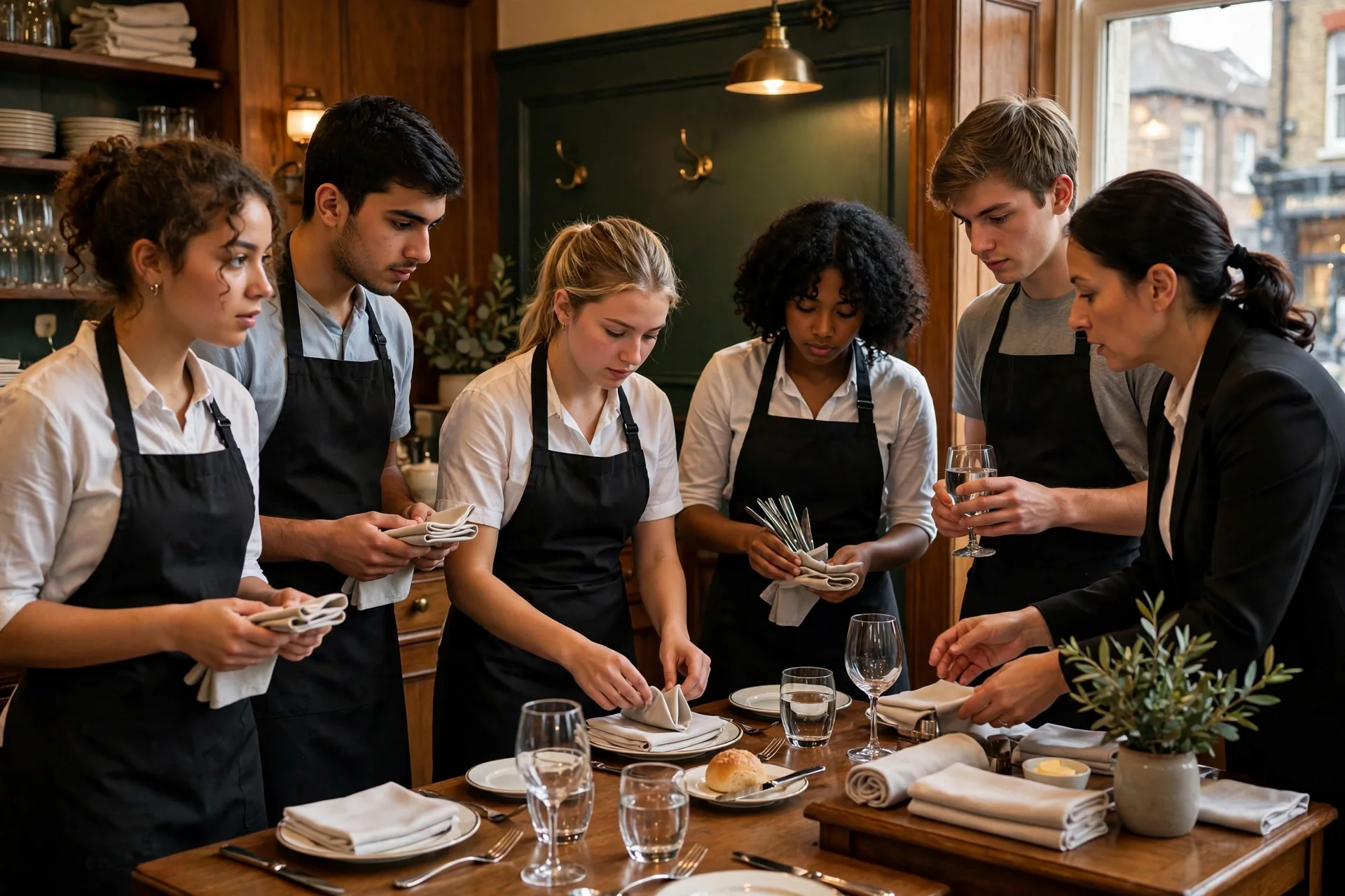 Jóvenes camareros en formación preparando mesas en un restaurante británico bajo la guía de una instructora