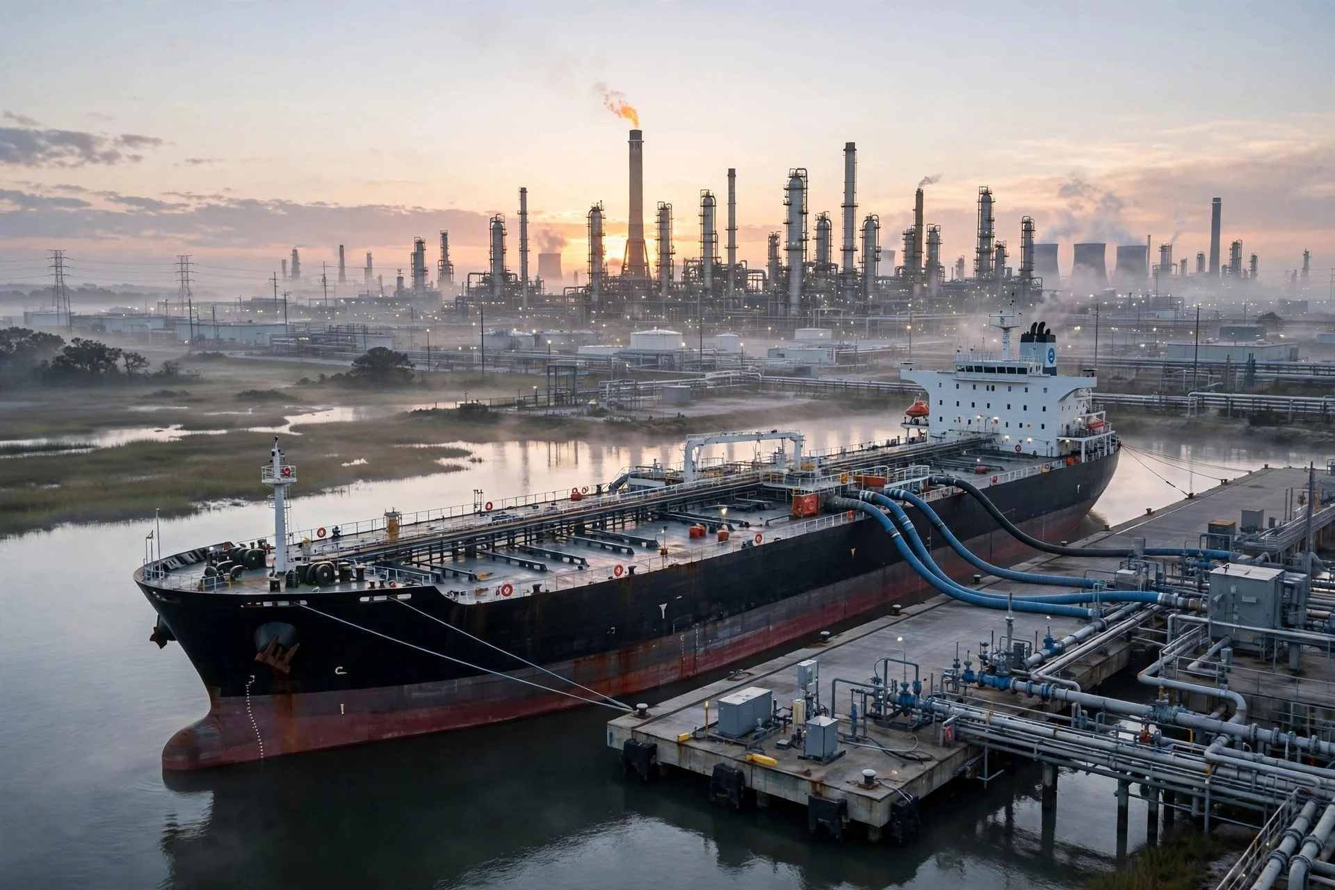 Buque petrolero descargando crudo en un puerto de Texas al amanecer con una refinería al fondo