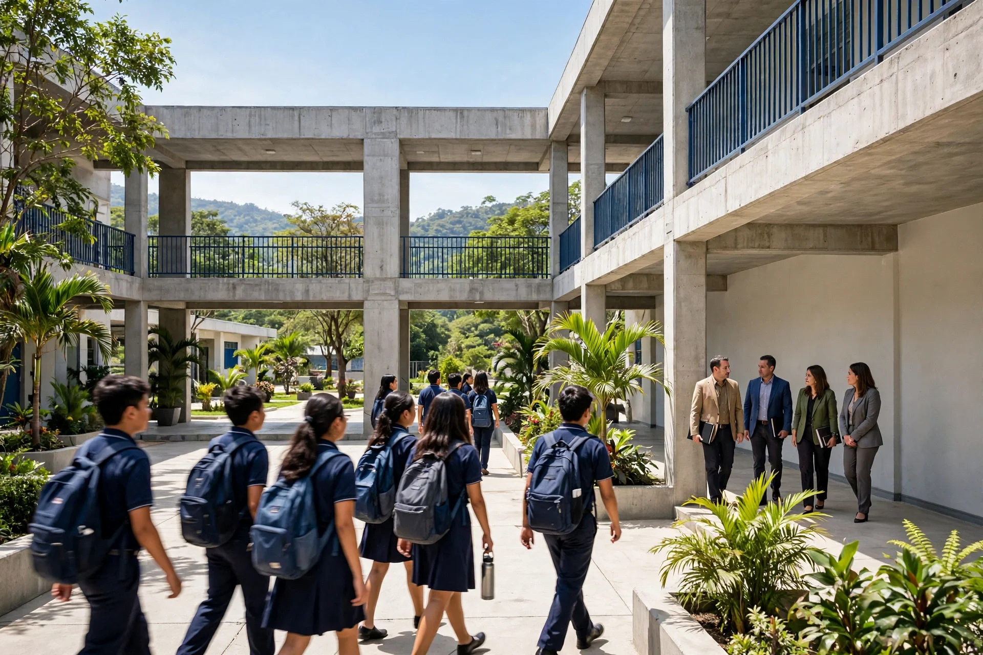 Edificio escolar público moderno en El Salvador con estudiantes en el patio durante una visita oficial