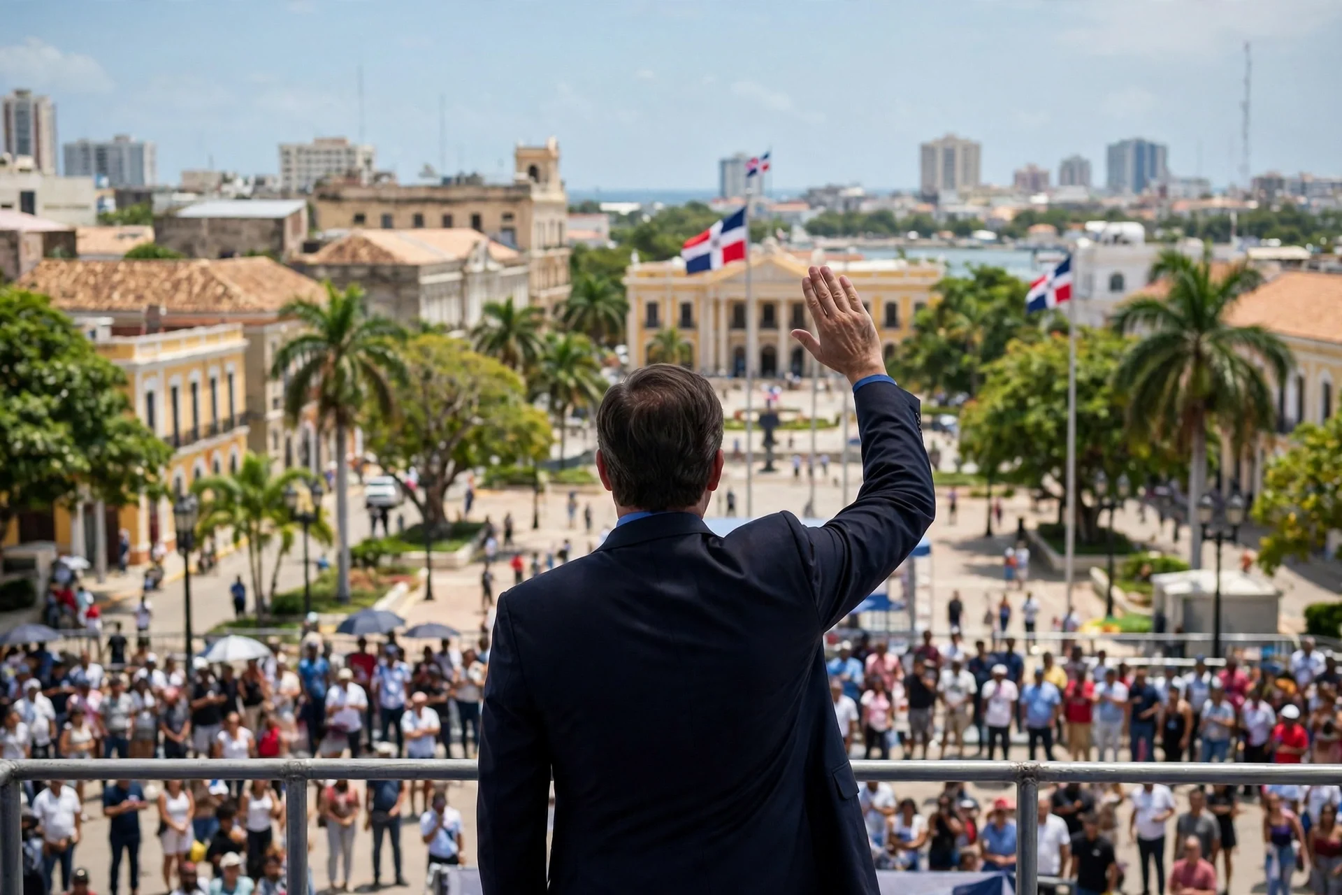 Político de espaldas saludando a una multitud en una plaza diurna de Santo Domingo, vista lejana sin rostro identificable