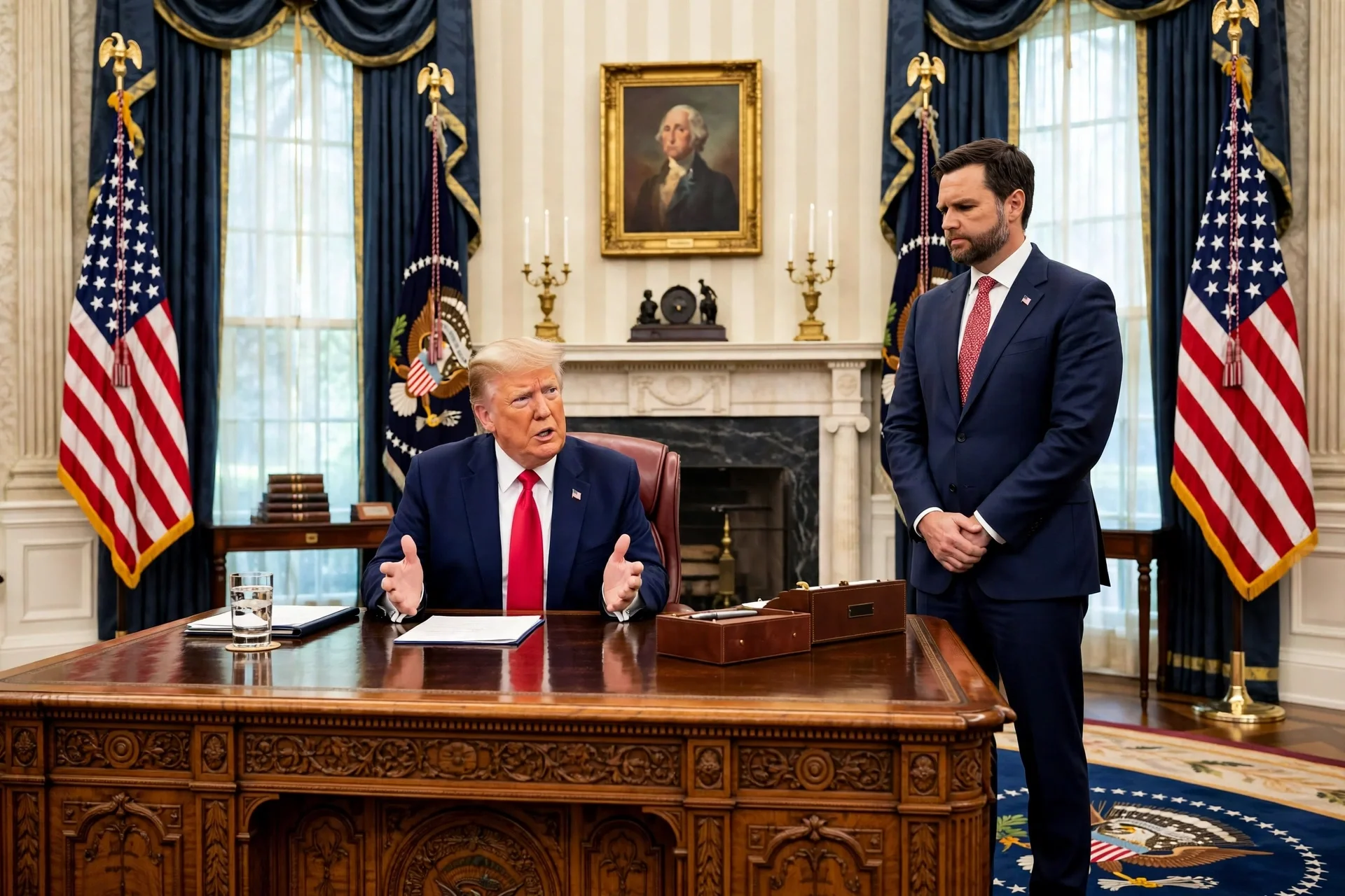 Donald Trump sentado en el escritorio del Despacho Oval gesticula mientras JD Vance permanece de pie a su lado entre banderas estadounidenses