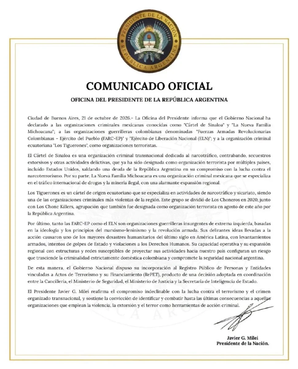 Comunicado oficial de la Oficina del Presidente de la República Argentina del 21 de octubre