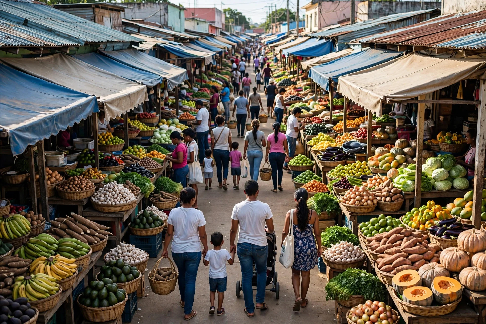 Mercado popular luminoso con puestos de frutas y verduras frescas y familias comprando alimentos
