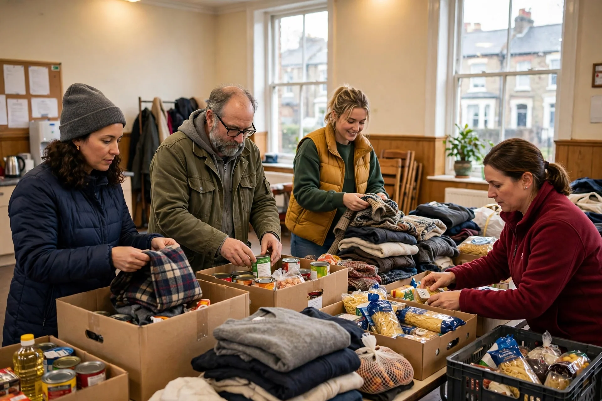 Voluntarios de una organización benéfica comunitaria ordenando alimentos y ropa en un centro comunitario británico.