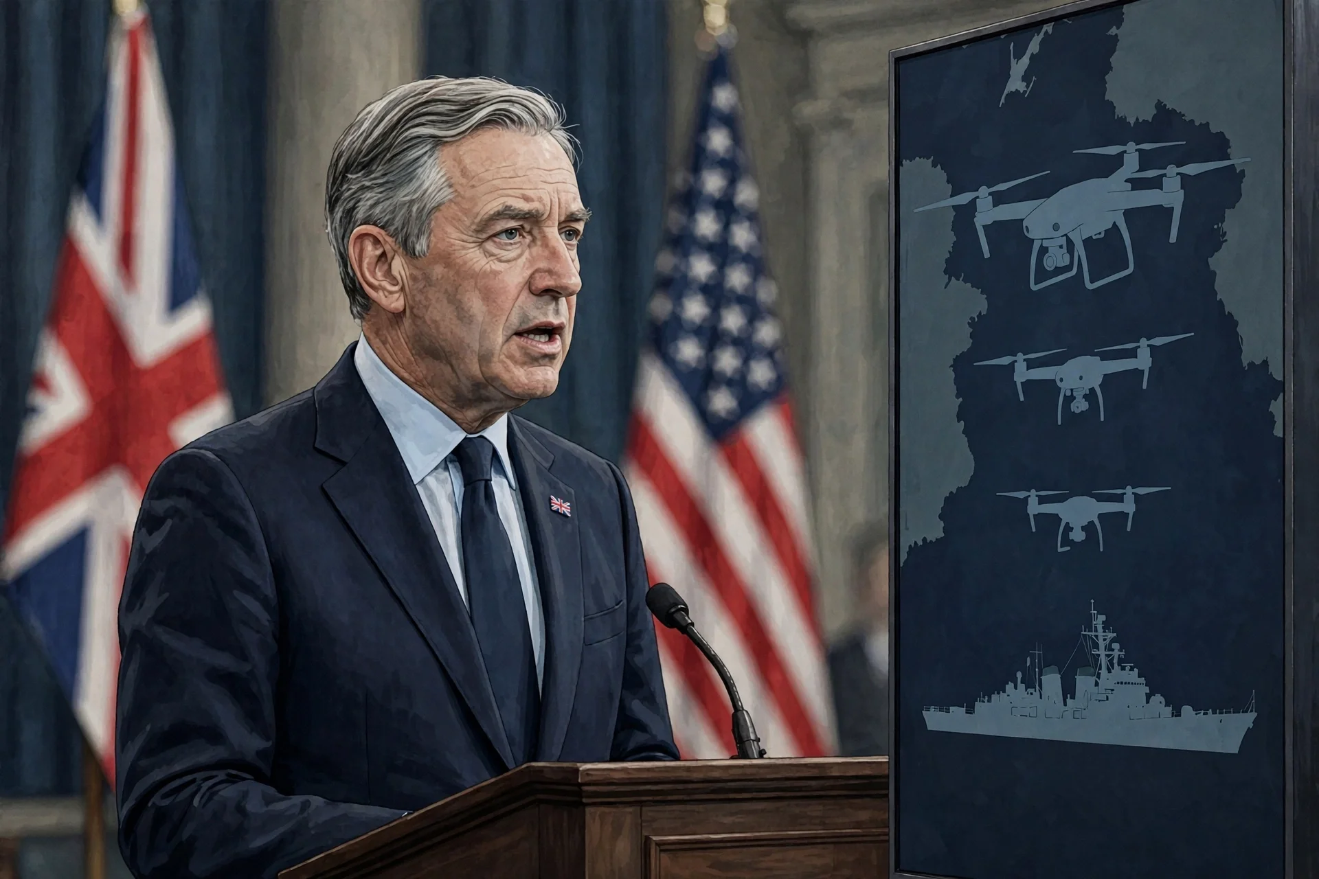 Ilustración de un ministro de defensa británico en un podio en Washington, con banderas británica y estadounidense desenfocadas y siluetas de drones en un panel