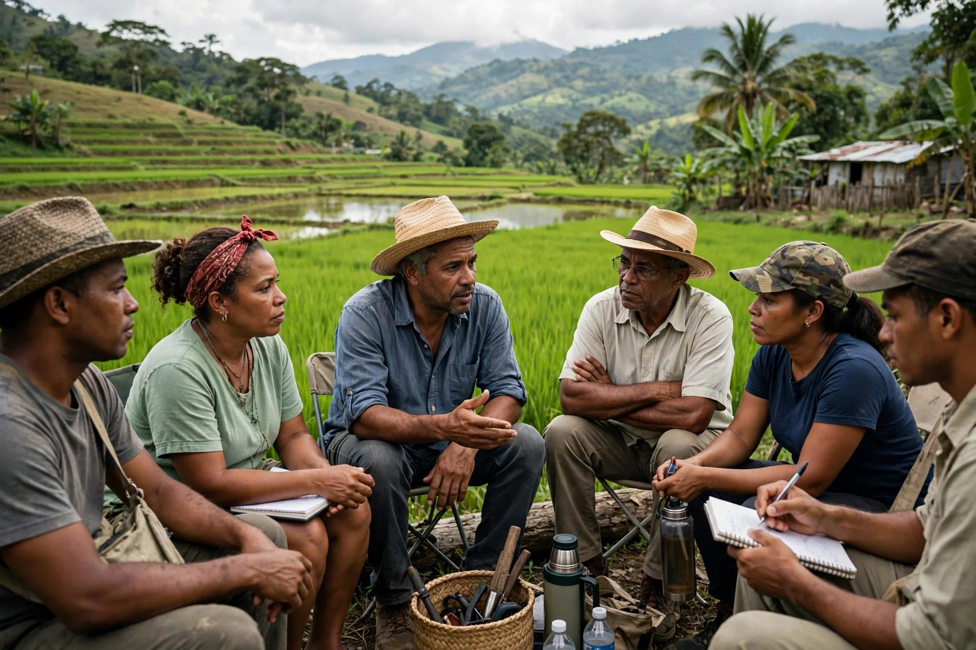 Productores de arroz dominicanos reunidos en círculo frente a arrozales en terrazas en una zona rural montañosa.
