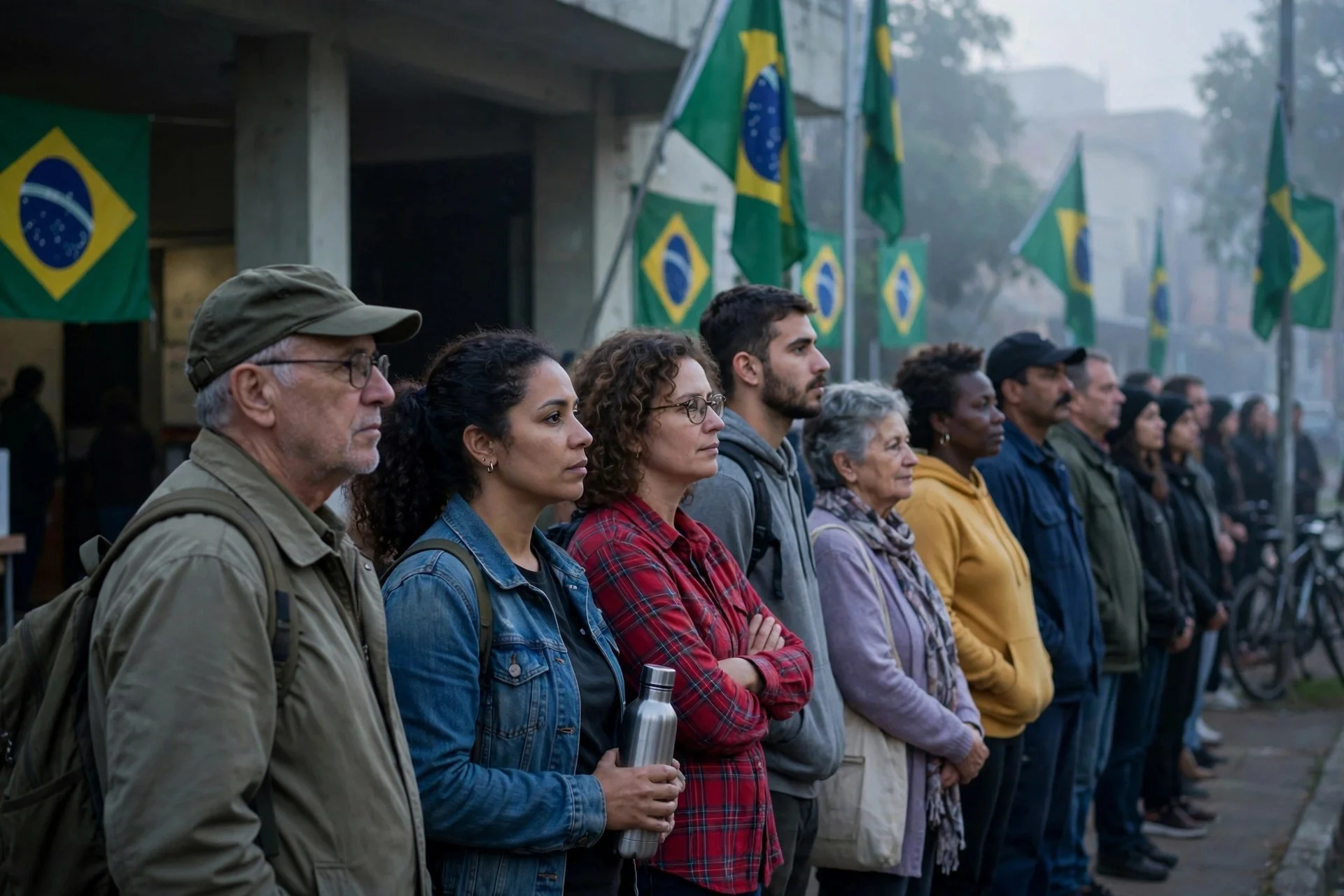 Ciudadanos brasileños hacen fila al amanecer frente a un colegio electoral, de perfil y en espera, con banderas de Brasil verdes y amarillas al fondo entre la niebla de la mañana.