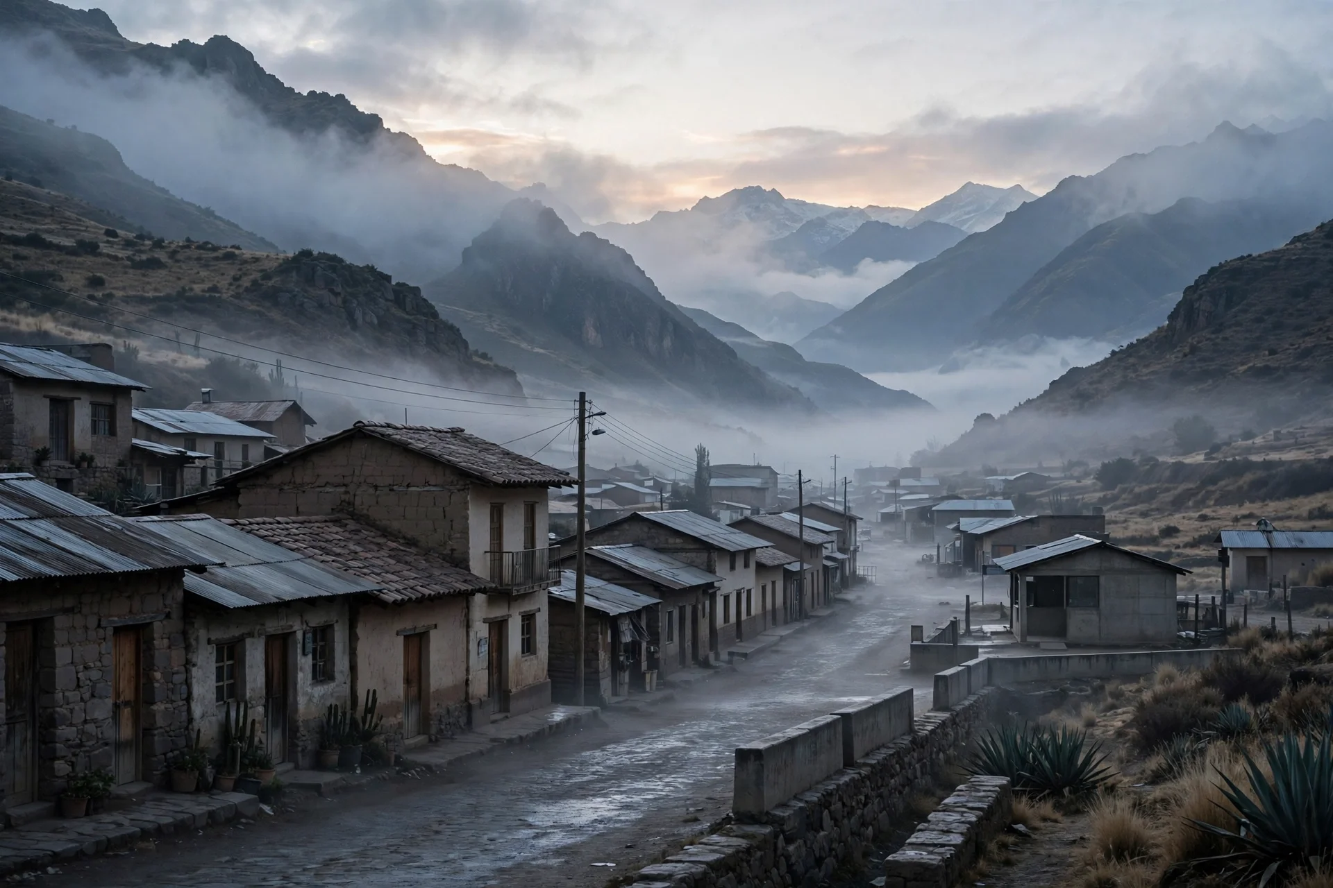 Ciudad fronteriza andina al amanecer entre montañas con niebla, calles vacías y ambiente sobrio