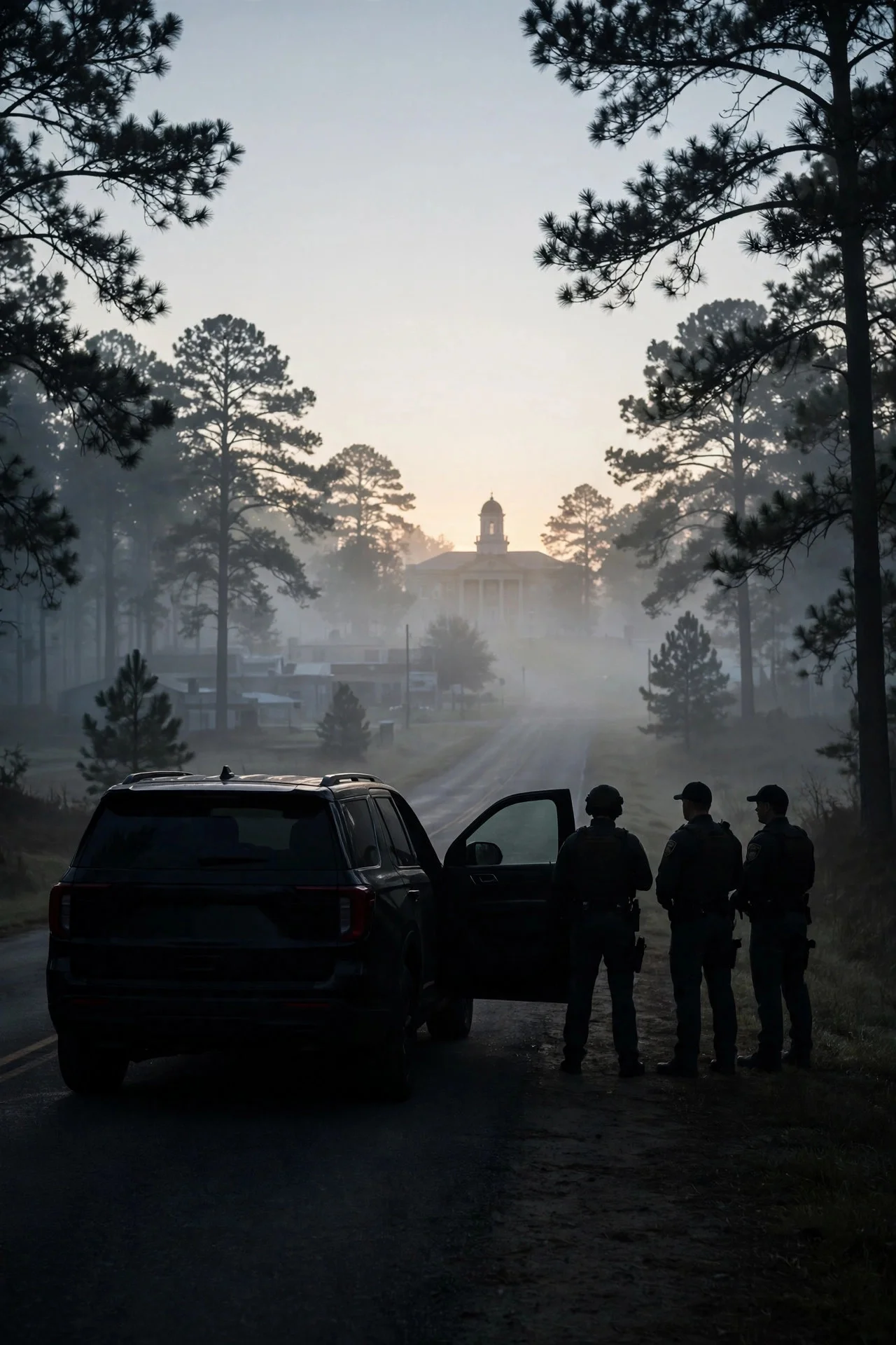 Tres agentes en silueta junto a un vehículo todoterreno al amanecer en una carretera rural de Carolina del Norte, con pinos y un tribunal al fondo entre la niebla
