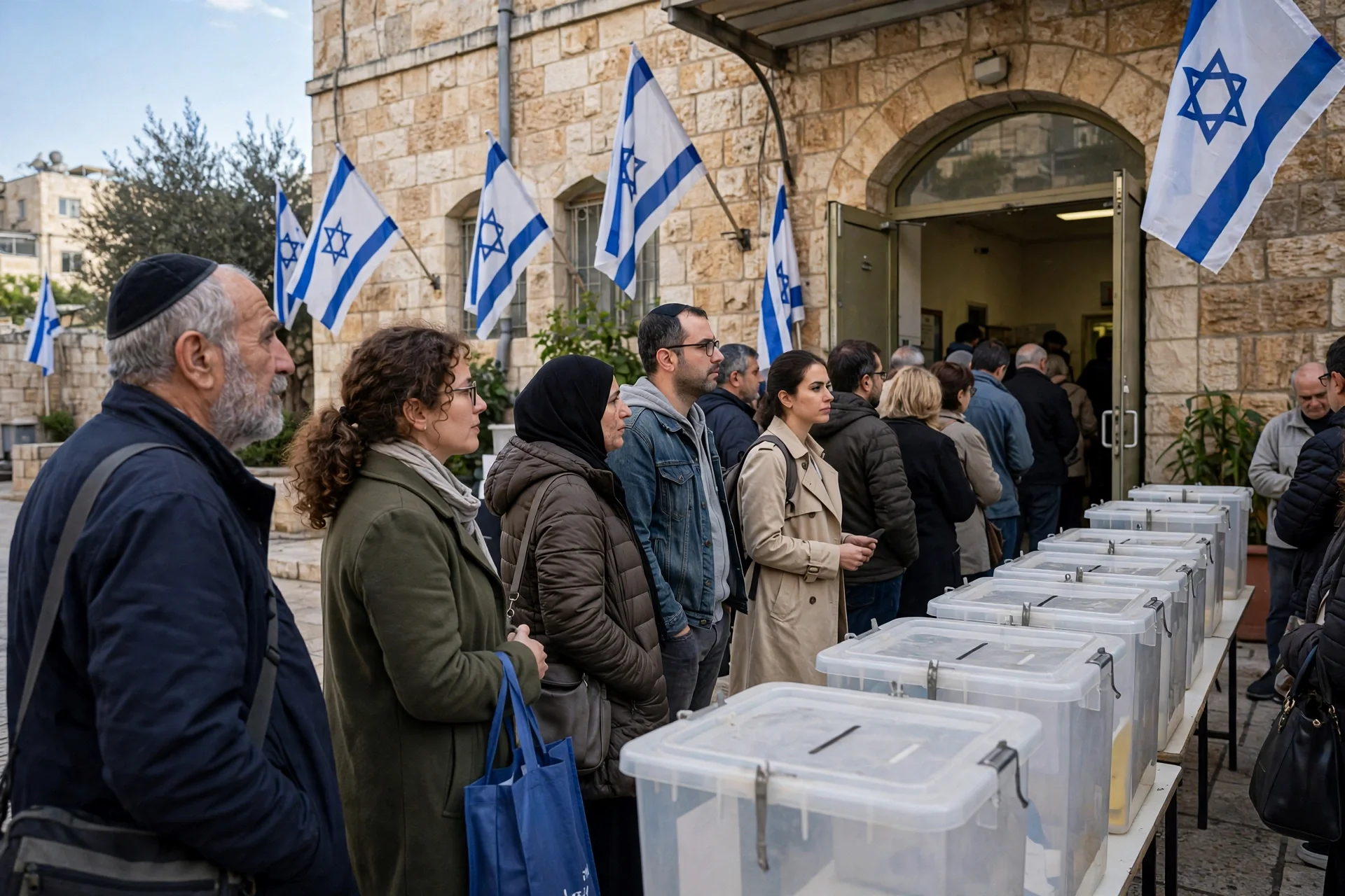 Voters queueing beside ballot boxes outside a polling station with Israeli flags