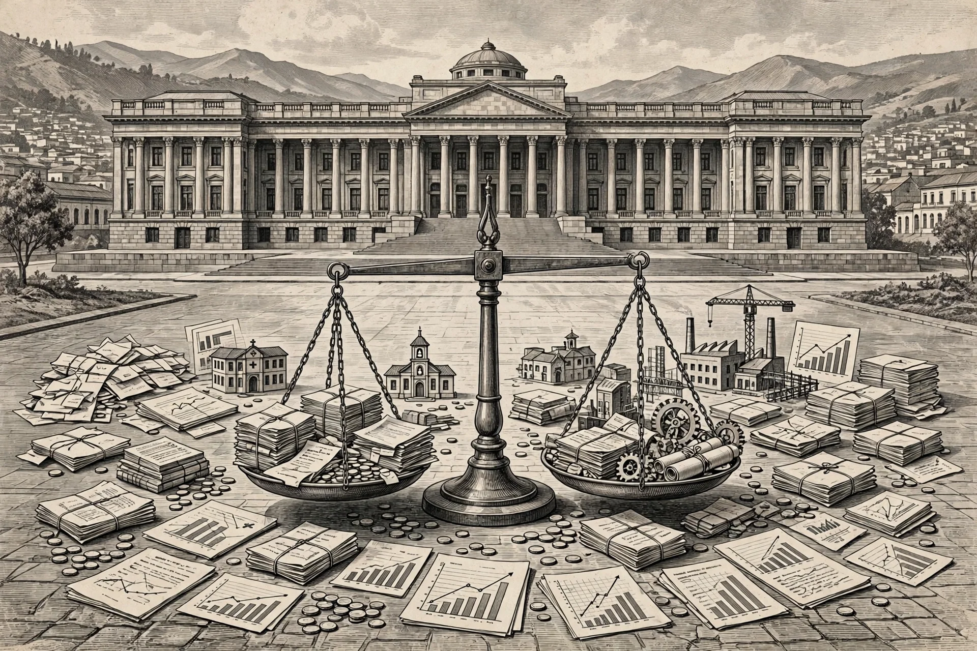 Ilustración editorial de un edificio de congreso con una balanza que pesa documentos de gasto público frente a documentos de inversión, rodeada de papeles financieros y monedas