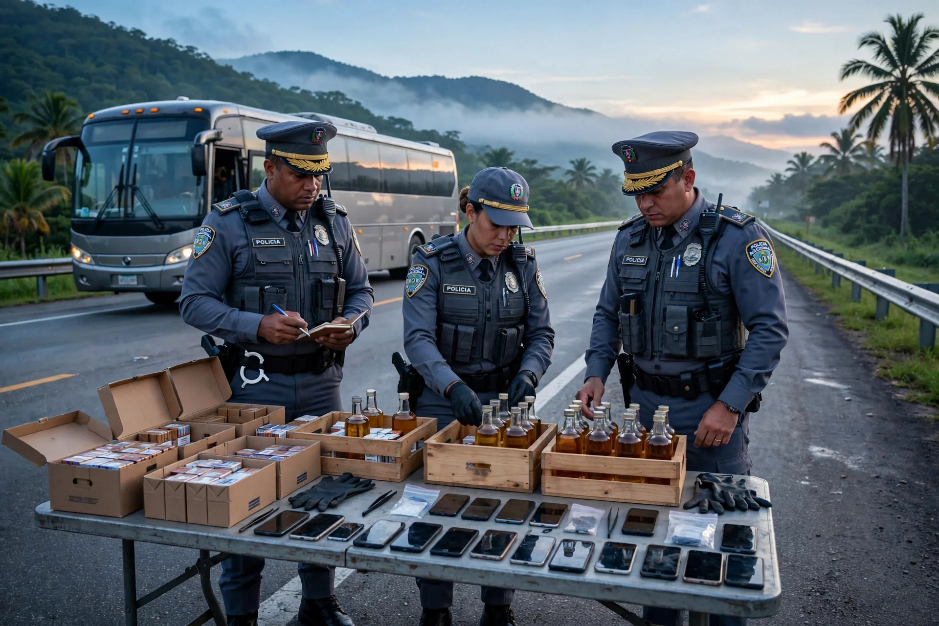 Agentes policiales revisan botellas, cigarrillos y celulares incautados junto a un autobús interceptado en una carretera dominicana