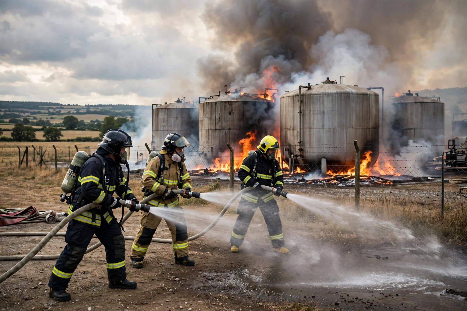 Bomberos controlando un incendio en un depósito rural de combustible