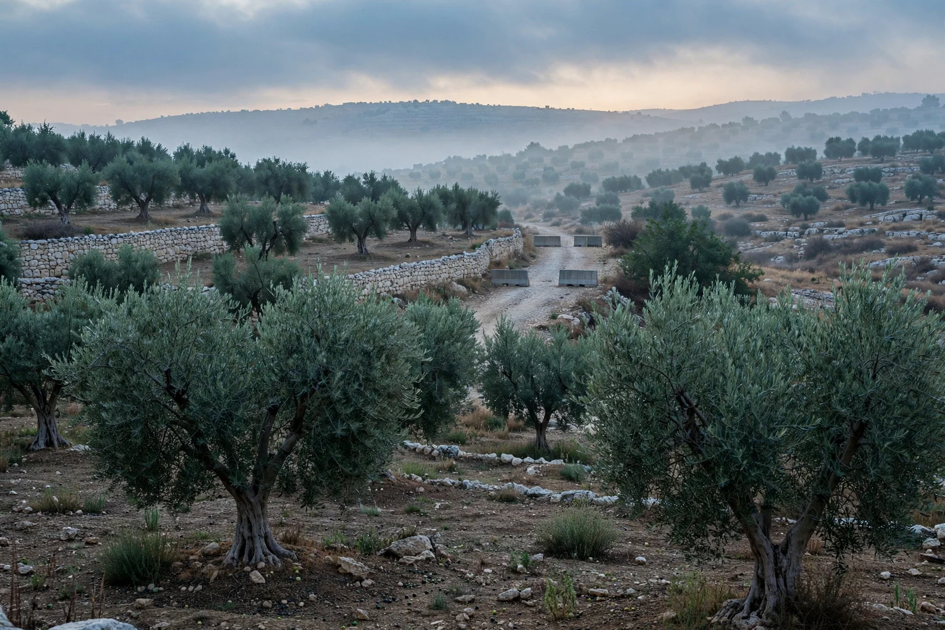 Olivar al amanecer entre muros de piedra, con un camino de tierra bloqueado a lo lejos por bloques de hormigón y colinas con niebla
