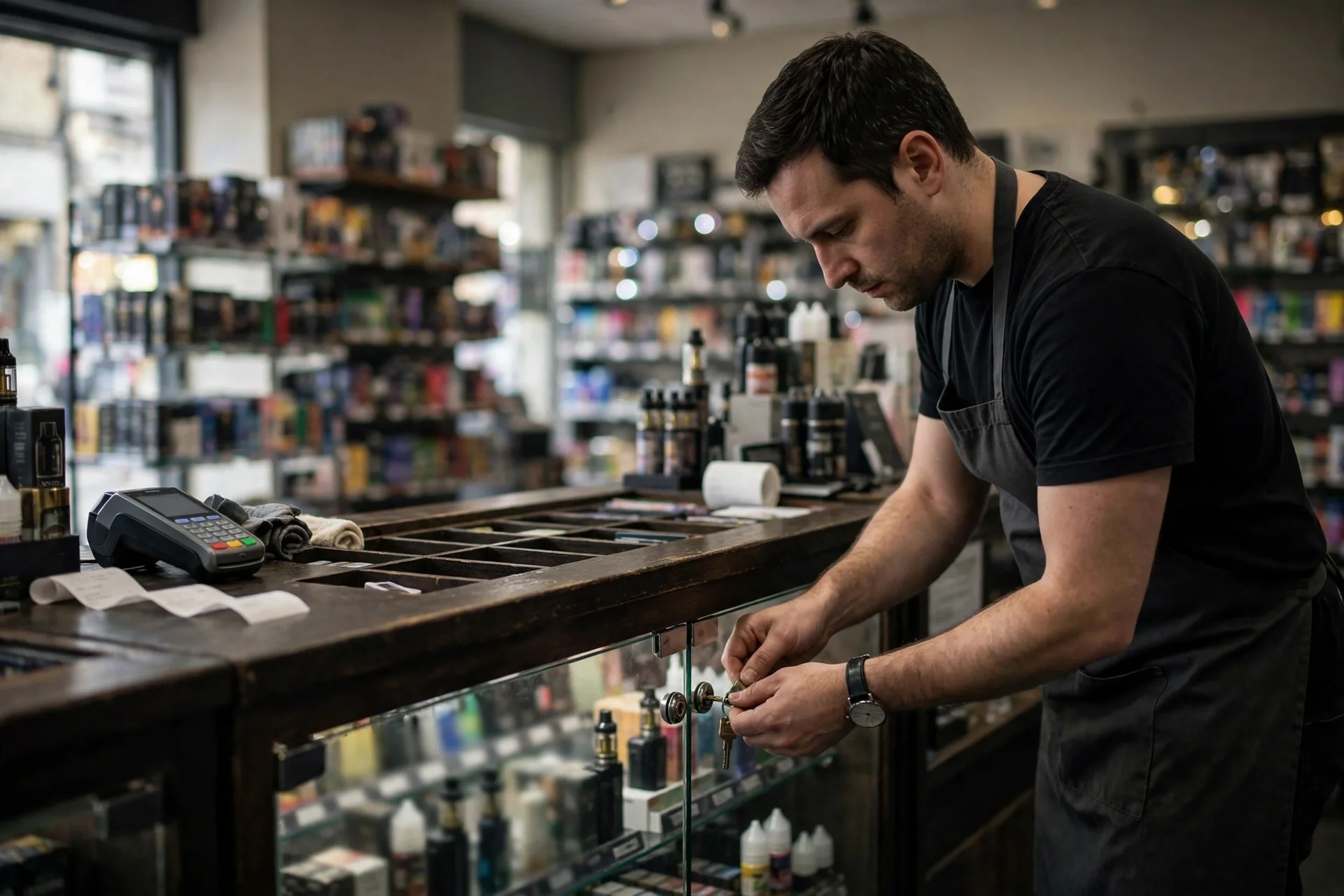 Dependiente de una tienda cerrando con llave una vitrina con productos de vapeo tras el mostrador