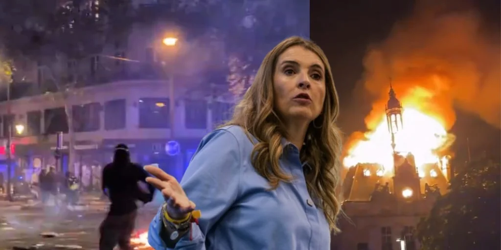 Montaje con Paloma Valencia al centro, una persona encapuchada en una calle con disturbios a la izquierda y un edificio histórico en llamas en Francia a la derecha.