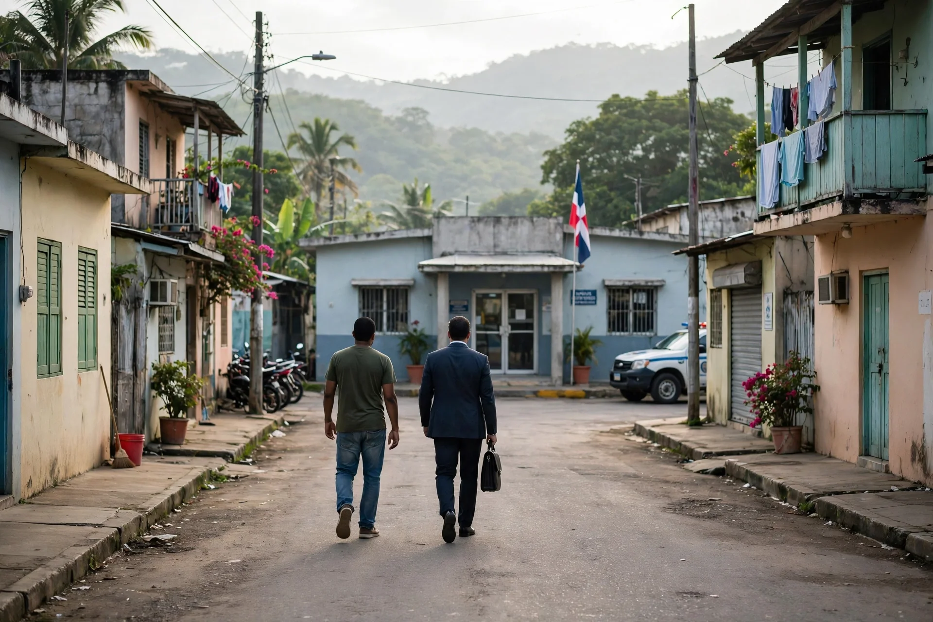 Calle dominicana con la sede policial regional al fondo y dos hombres de espaldas entrando