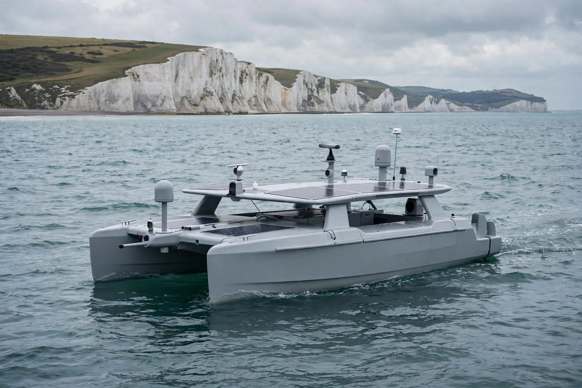 Embarcación autónoma de superficie sin tripulación navegando en aguas costeras británicas, ejemplo de tecnología marina limpia para estudios y monitoreo ambiental.