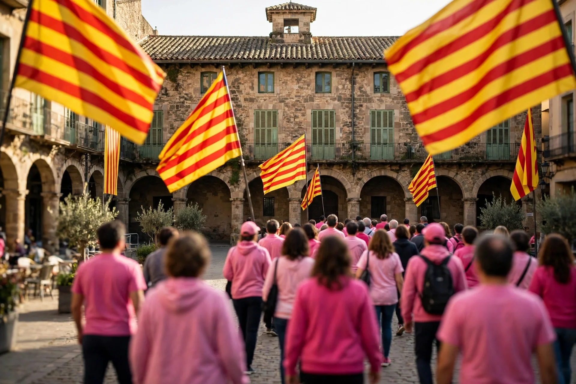 Plaza catalana de piedra con banderas catalanas ondeando y una multitud de espaldas con camisetas rosas en una caminata solidaria