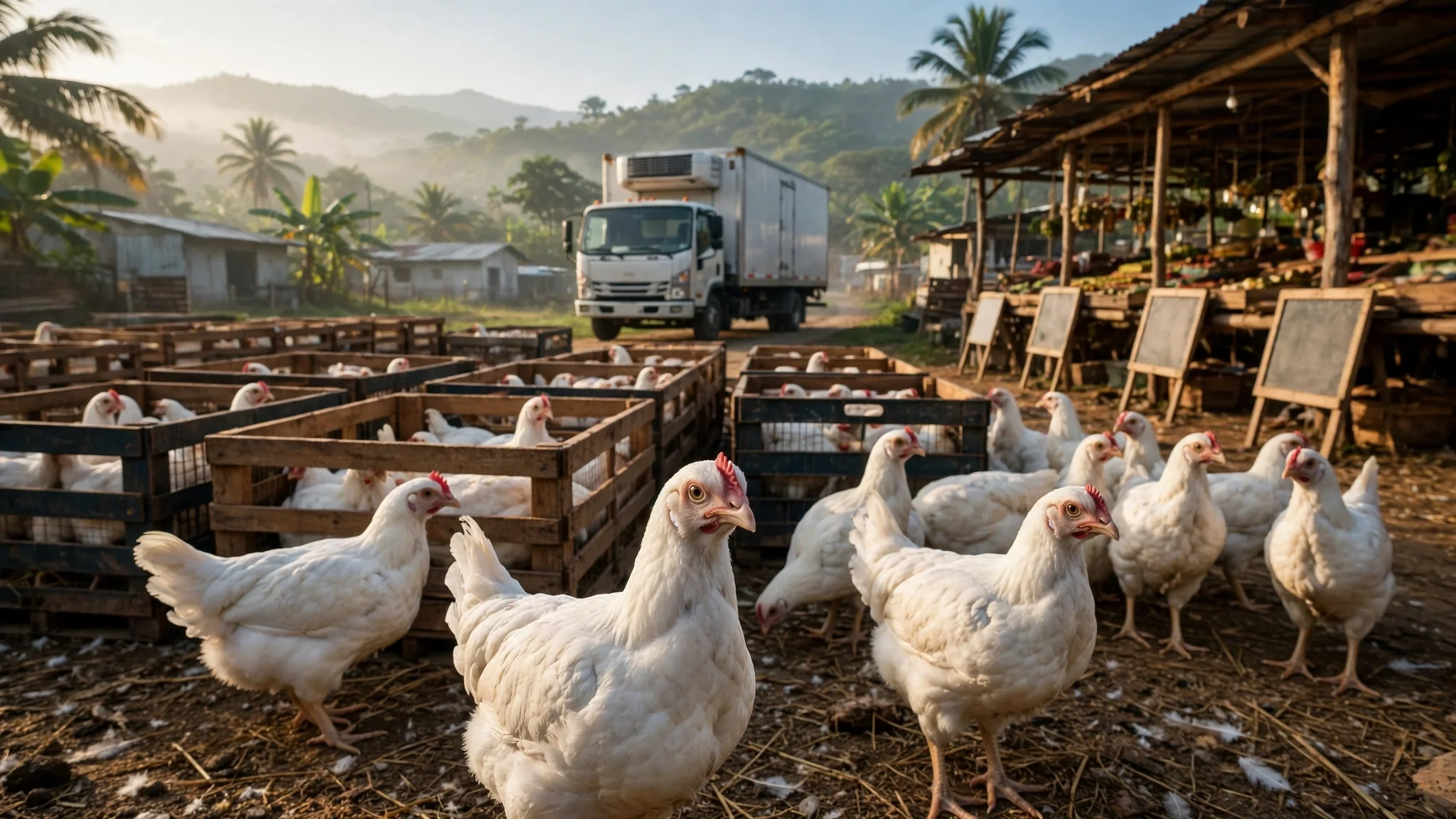 Pollos blancos en jaulas de madera en una granja dominicana al amanecer, con un camión refrigerado al fondo y un puesto de mercado a la derecha