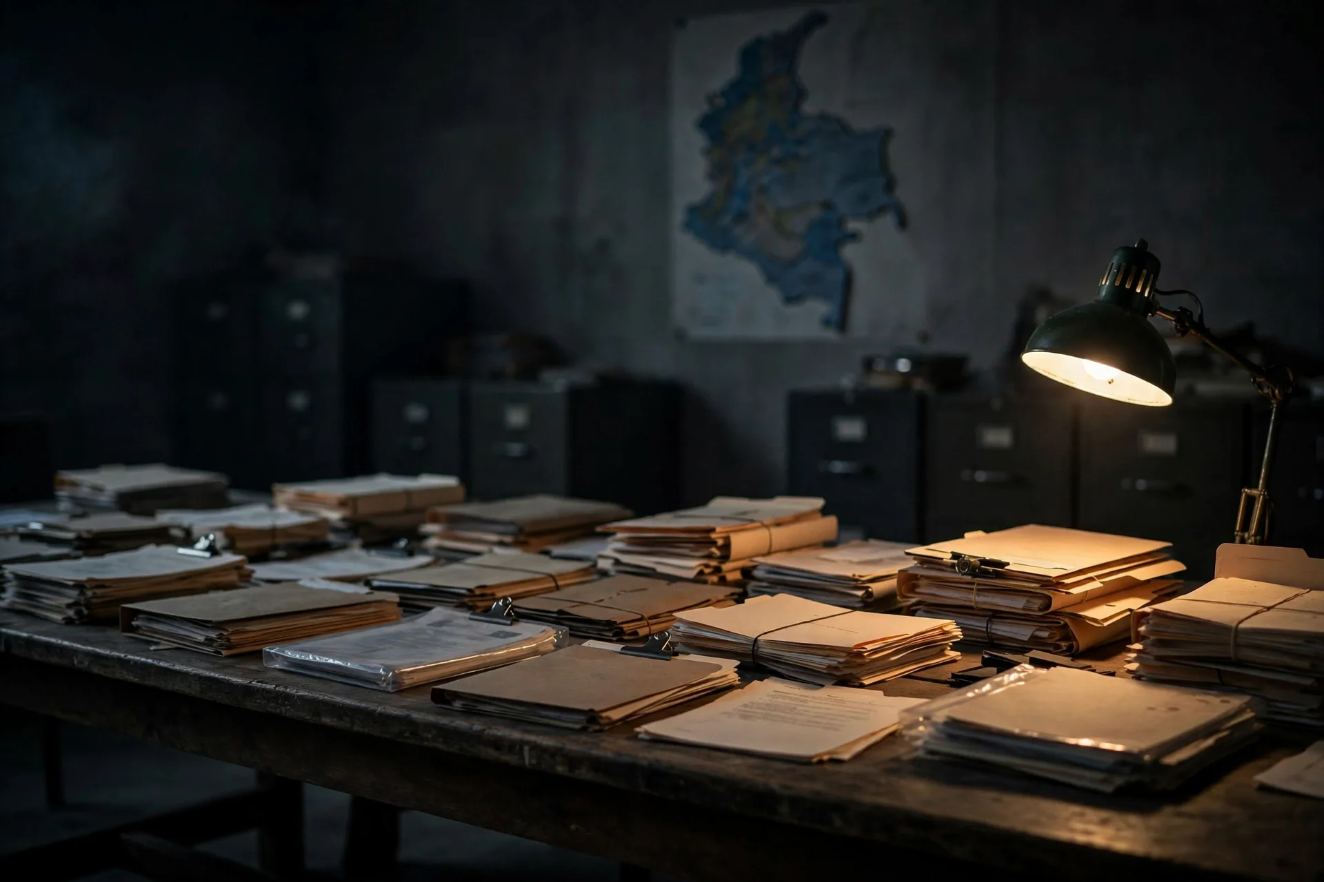 Mesa de investigación con expedientes y carpetas bajo una lámpara, con un mapa de Colombia al fondo