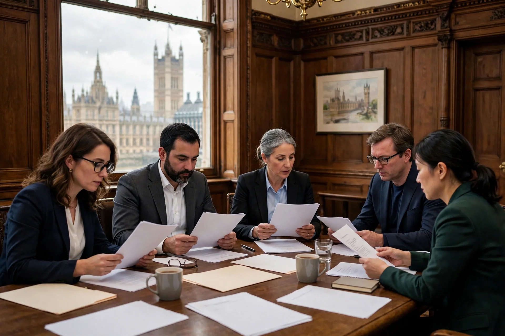 Funcionarios revisando documentos en una sala con vistas a Westminster, en Londres