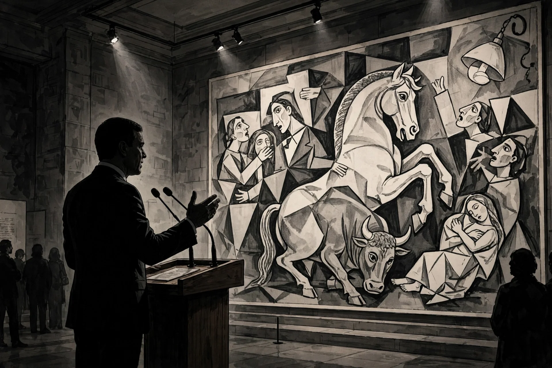 Orador de traje oscuro ante un gran mural en blanco y negro de inspiración cubista sobre el sufrimiento de la guerra, en una sala de museo