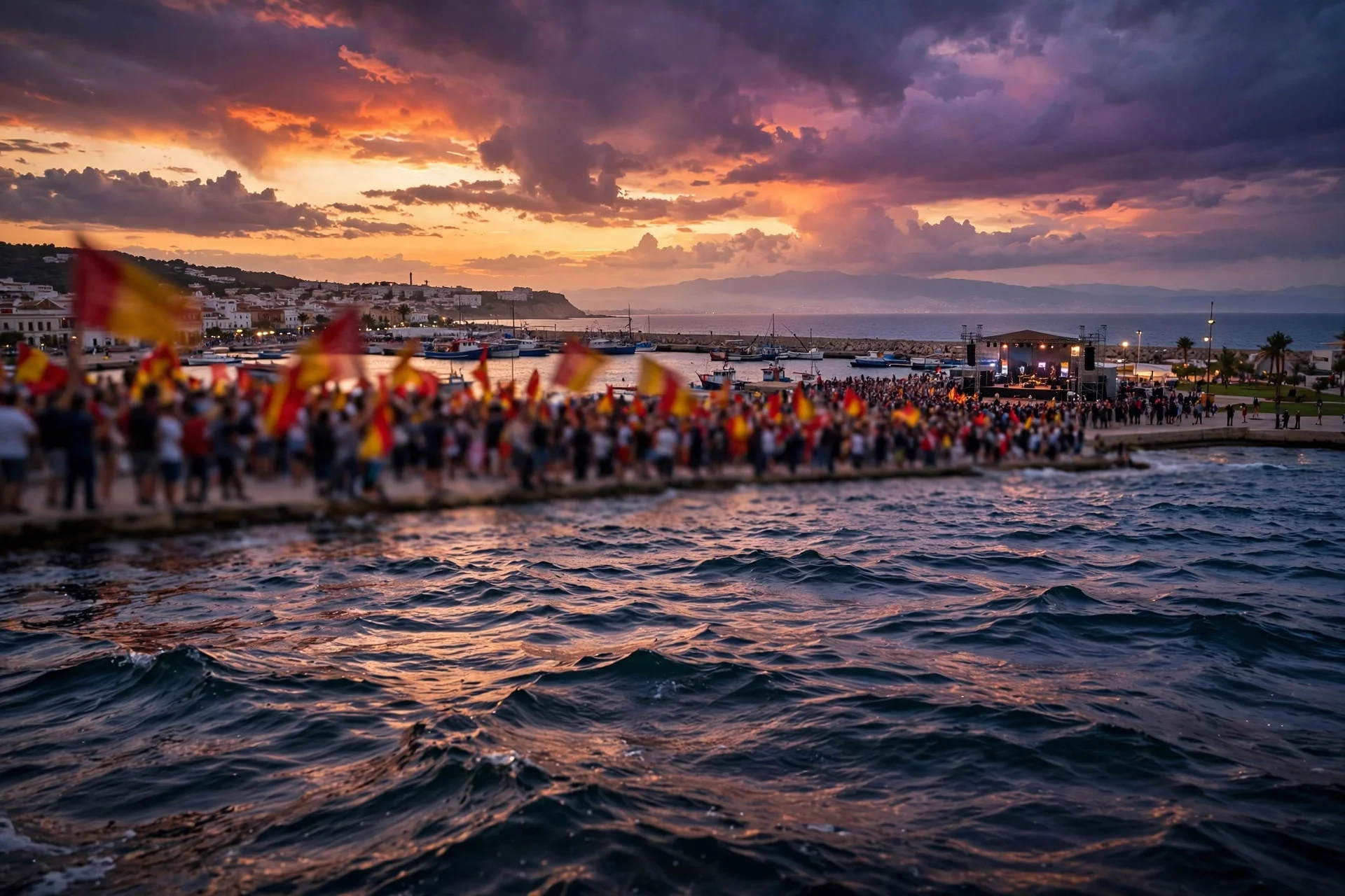 Atardecer sobre el puerto de Estepona con una multitud reunida en un acto de precampaña electoral ondeando banderas rojas y amarillas