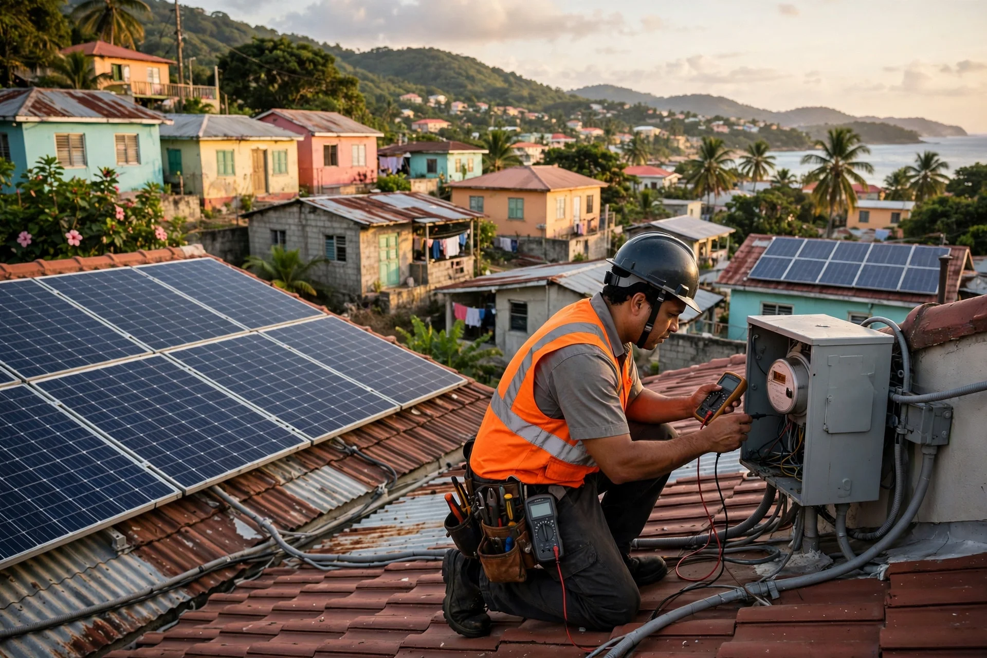 Un técnico con casco y chaleco revisa un medidor eléctrico en un tejado con paneles solares en una comunidad caribeña.