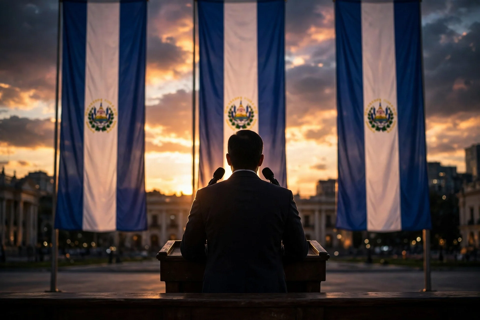 Silueta presidencial dirigiéndose al país desde un podio con la bandera de El Salvador al fondo, a la luz del atardecer