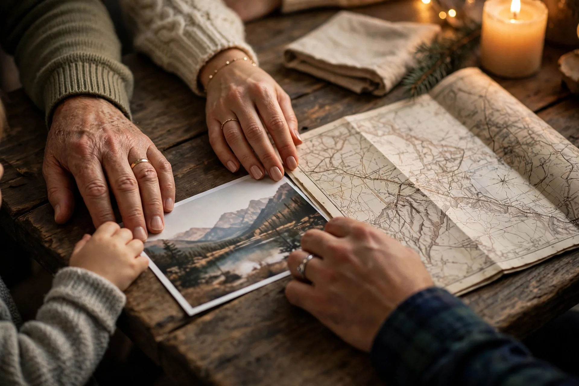 Manos de varios miembros de una familia sobre una mesa de madera, junto a una fotografía y un mapa desplegado, bajo una luz cálida