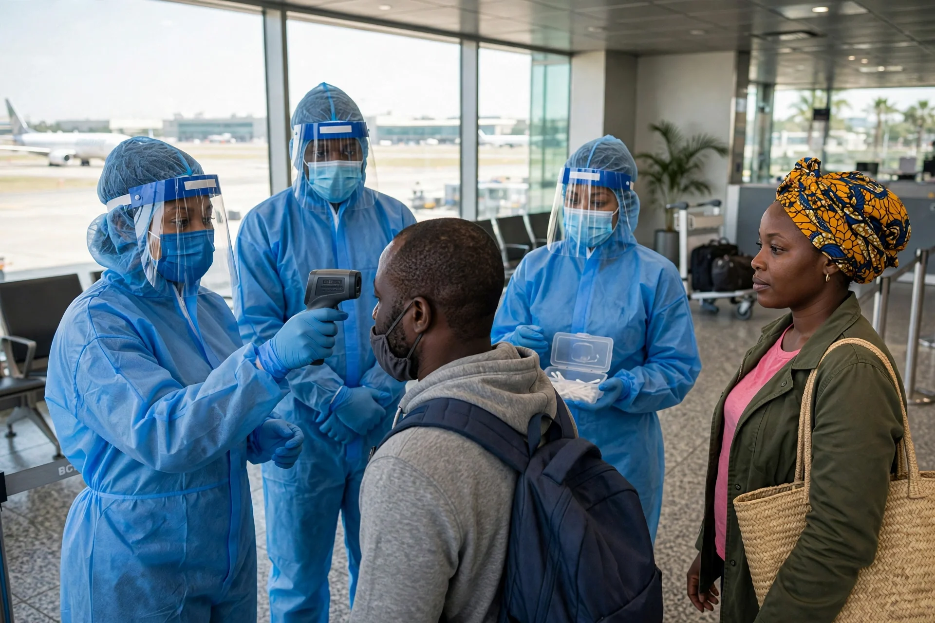Personal sanitario con equipo de protección realiza un control de temperatura a viajeros en un aeropuerto africano