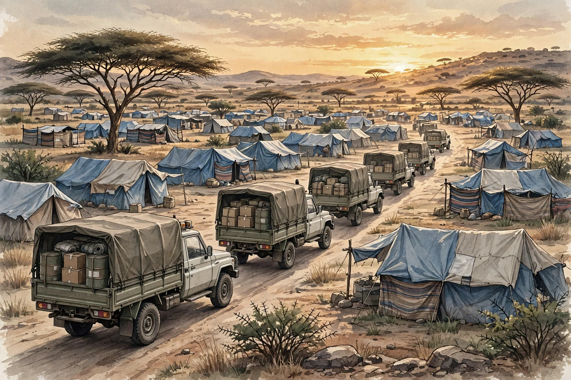 Ilustración de un convoy de camiones con ayuda junto a tiendas de un campo de desplazados al atardecer en una llanura de África oriental