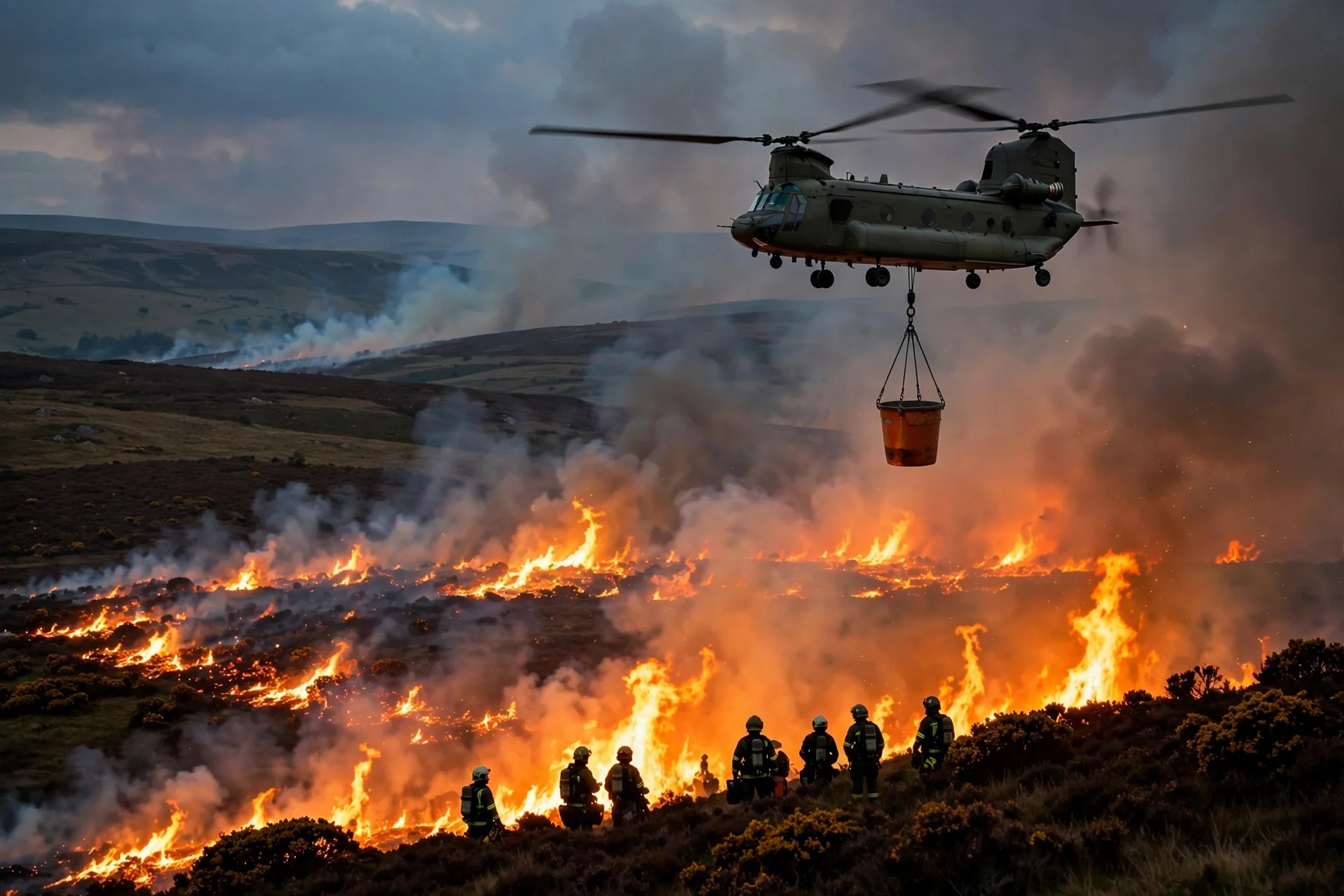 Helicóptero militar con cubo de agua sobre un páramo británico en llamas al anochecer