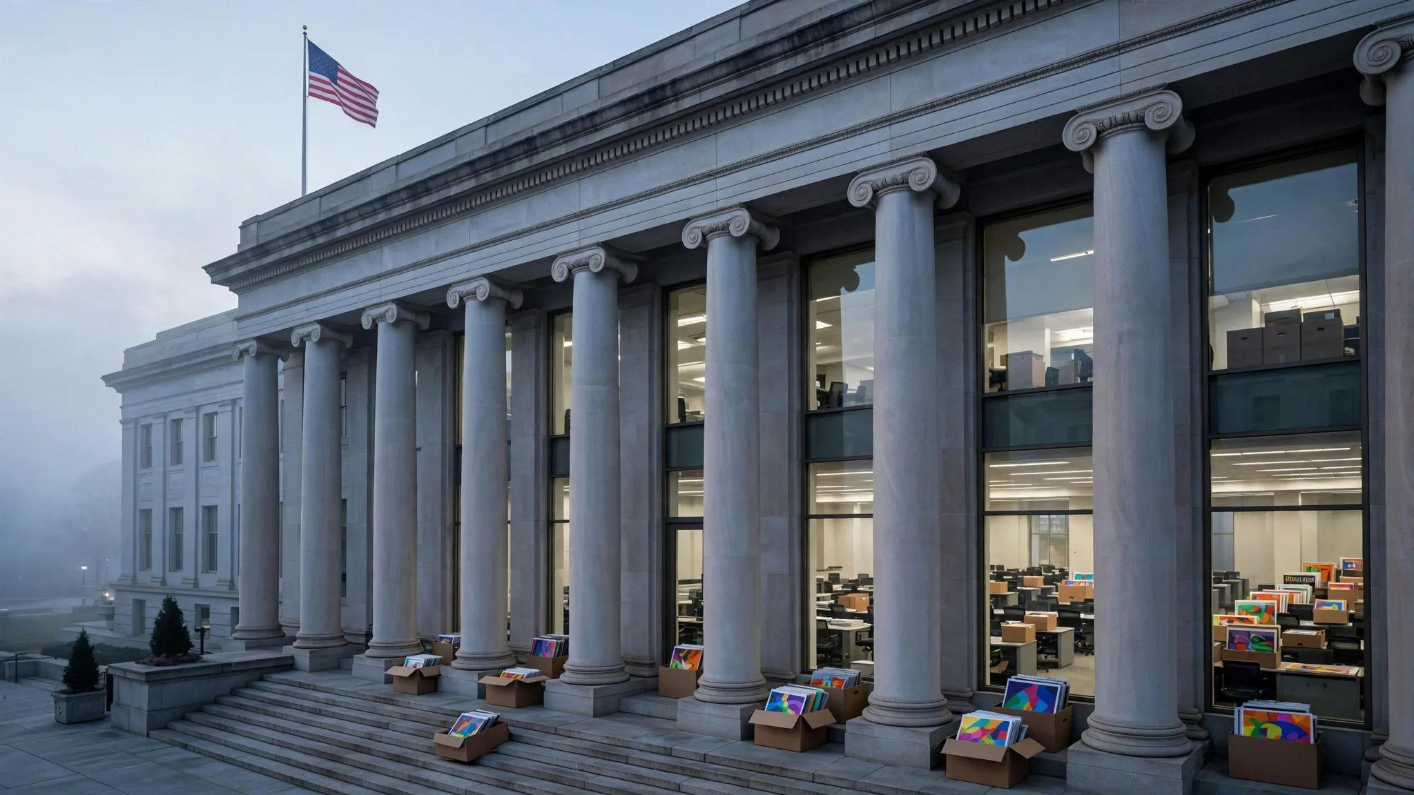 Fachada con columnas de un edificio federal en Washington al amanecer, con la bandera de Estados Unidos y cajas con carteles de colores retirados en la escalinata