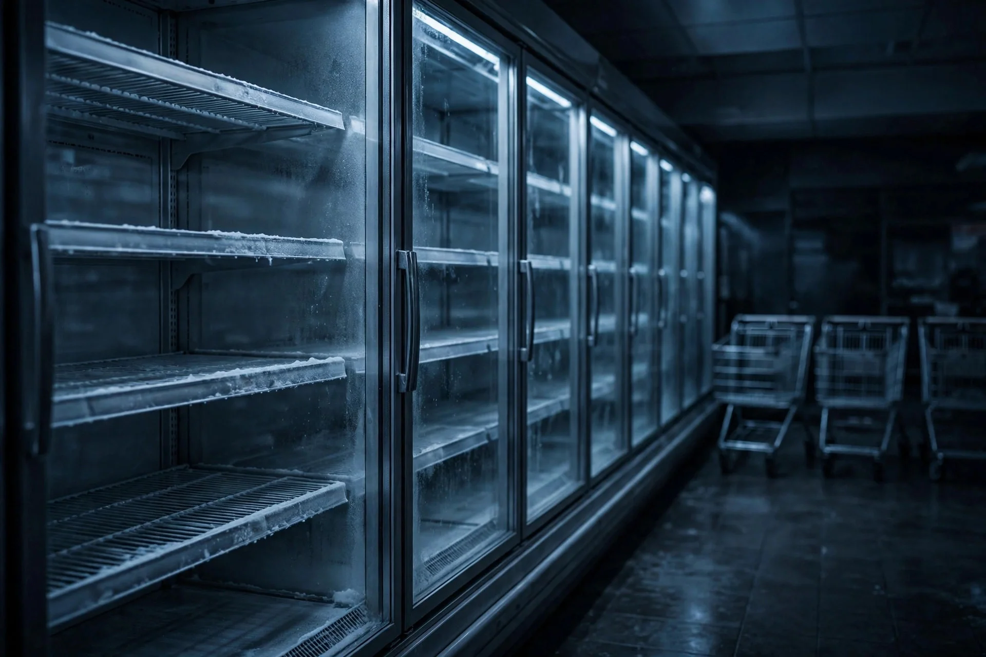 Empty refrigerated shelves in a dim supermarket aisle under cold blue light