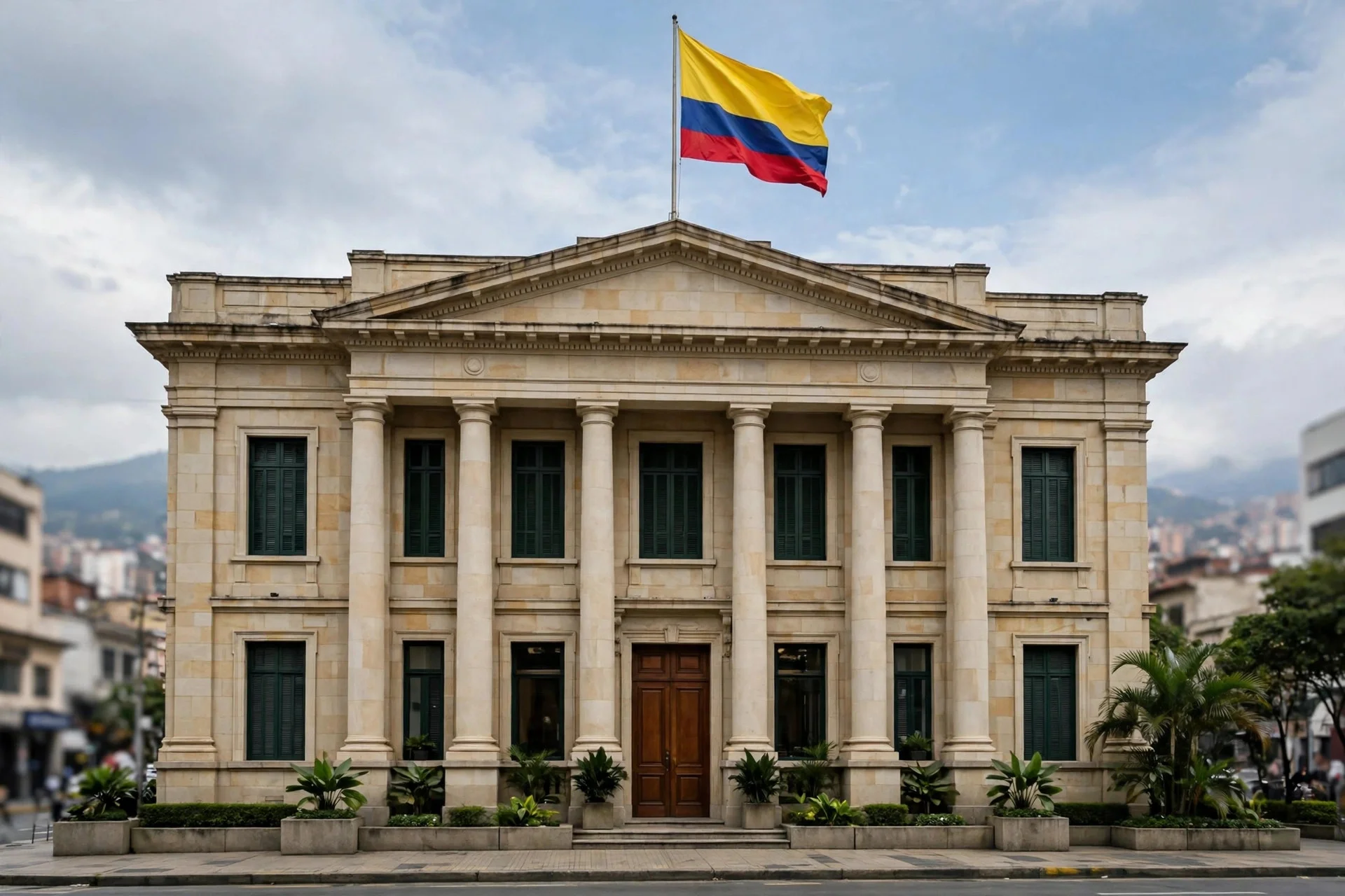 Fachada neoclásica de piedra con columnas y la bandera de Colombia ondeando sobre el techo