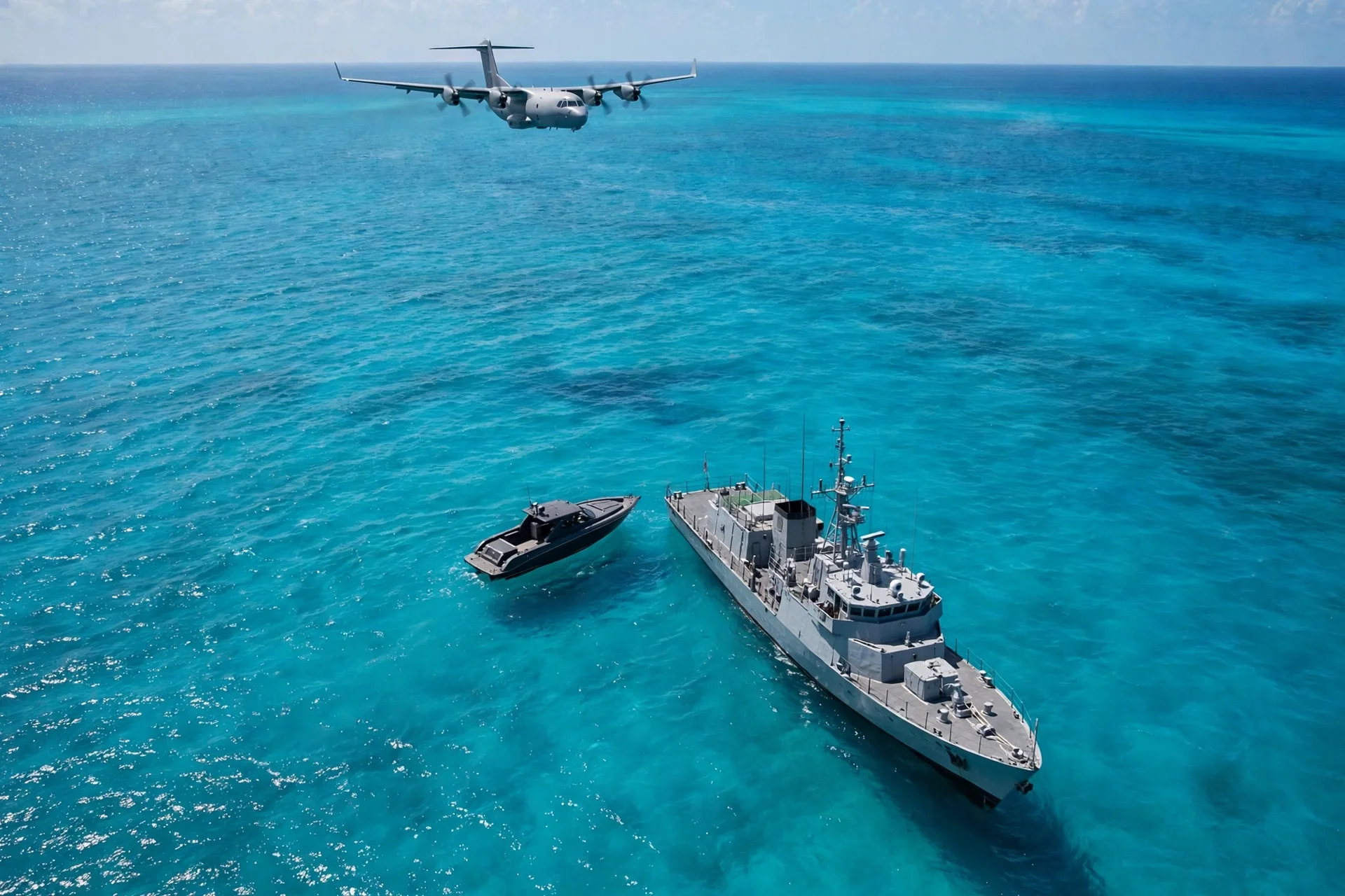 Vista aérea de una operación antidrogas en el Caribe: un avión de patrulla sobrevuela el mar mientras una embarcación naval se sitúa junto a una lancha rápida interceptada en aguas turquesa