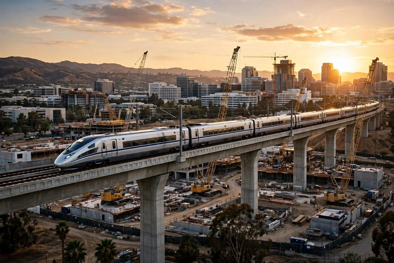 Tren de alta velocidad blanco sobre un viaducto elevado en construcción al atardecer, con grúas y edificios de una ciudad californiana al fondo