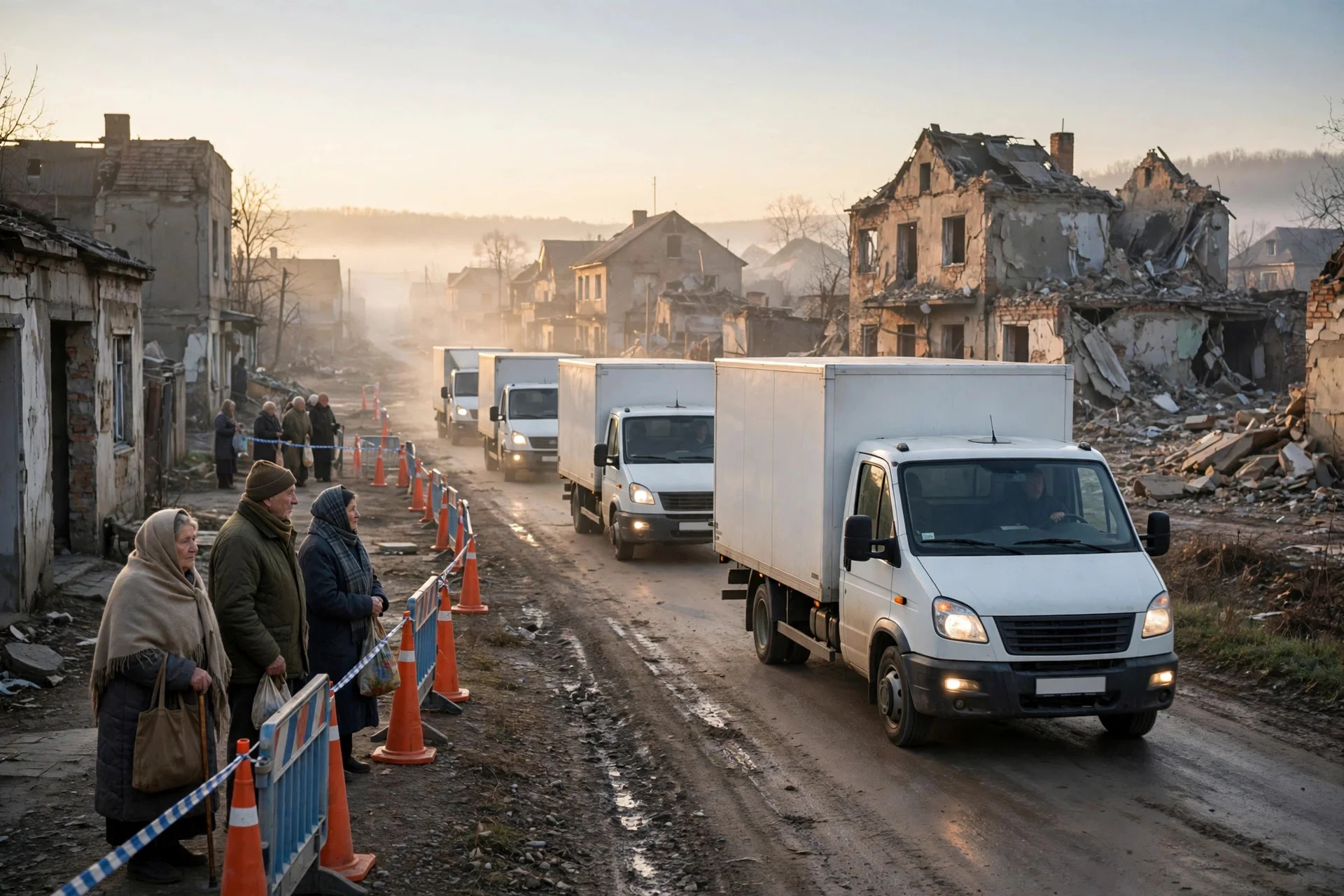 Convoy de ayuda humanitaria entrando al amanecer en una localidad ucraniana afectada por la guerra