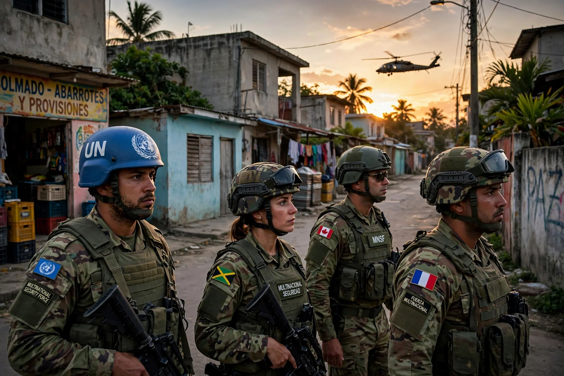 Patrulla de una fuerza multinacional de seguridad en un barrio caribeño al atardecer, con un helicóptero al fondo