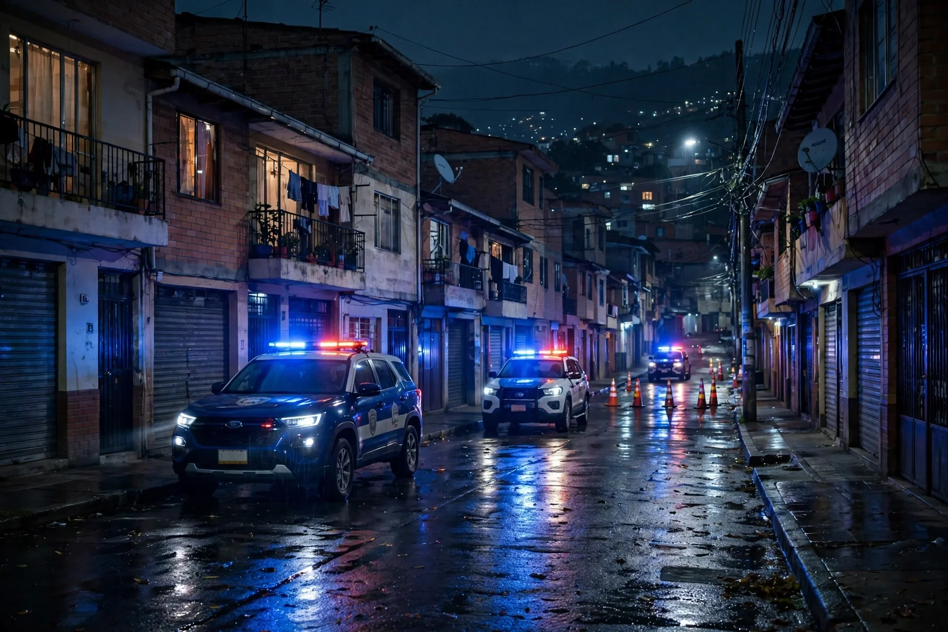 Patrullas con luces encendidas durante un operativo nocturno en una calle de un barrio de Bogotá