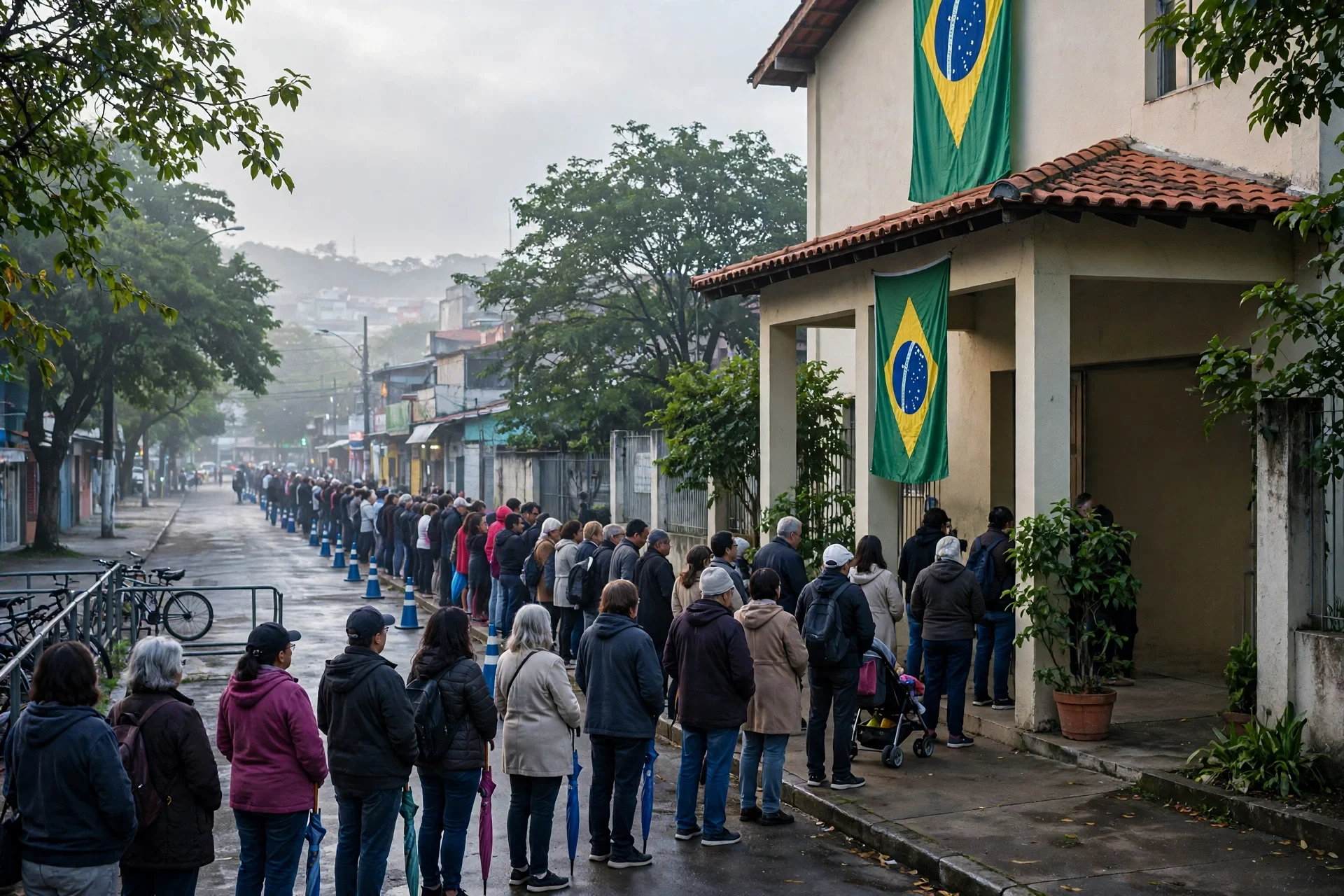 Electores haciendo fila a primera hora frente a un colegio electoral en Brasil con una bandera brasileña en la entrada