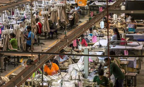 Trabajadores en una fábrica textil, sentados en filas ante máquinas de coser industriales en un taller amplio y luminoso