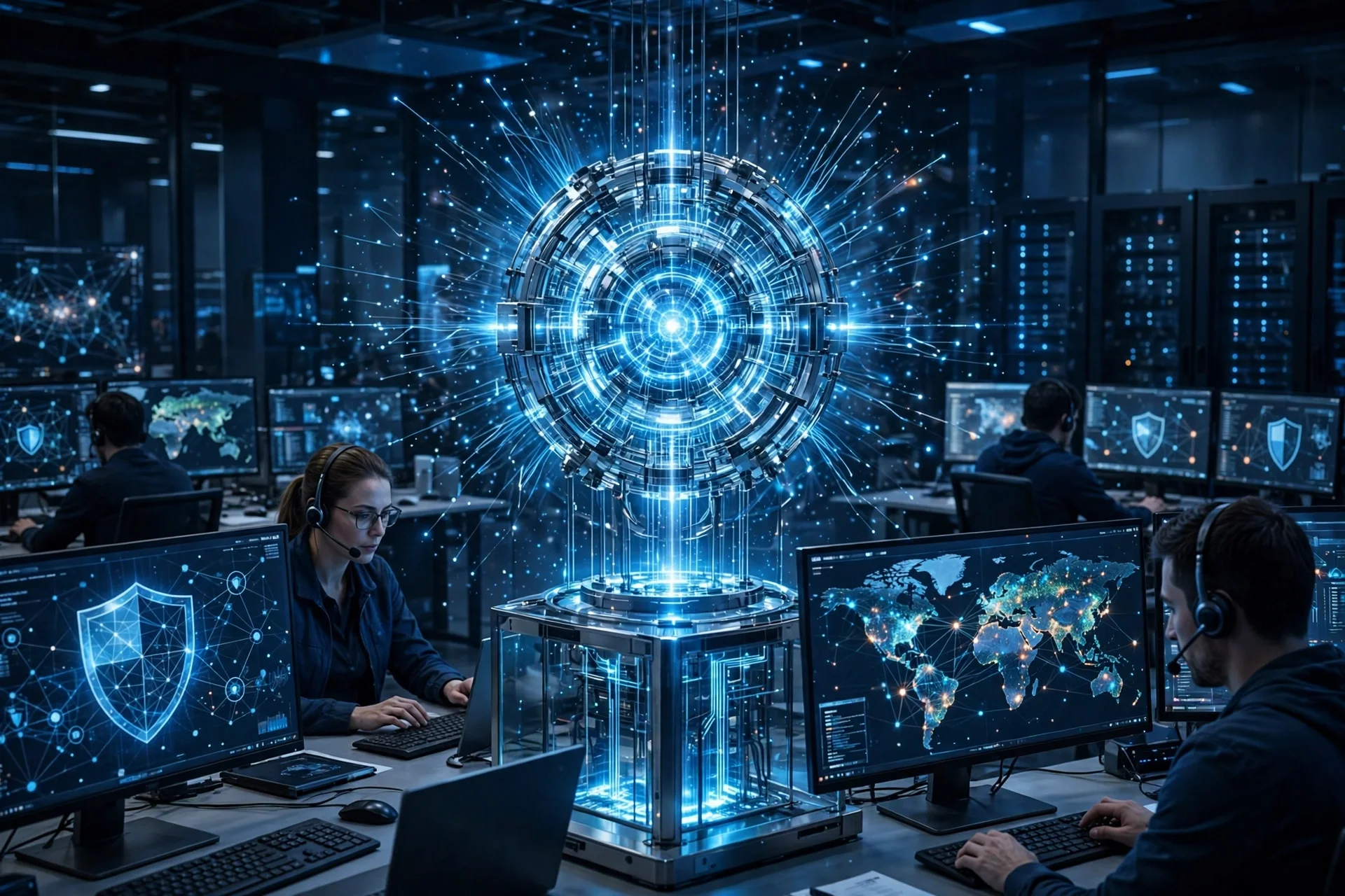 Centro de operaciones de ciberseguridad con analistas ante pantallas con escudos digitales y un núcleo luminoso de inteligencia artificial