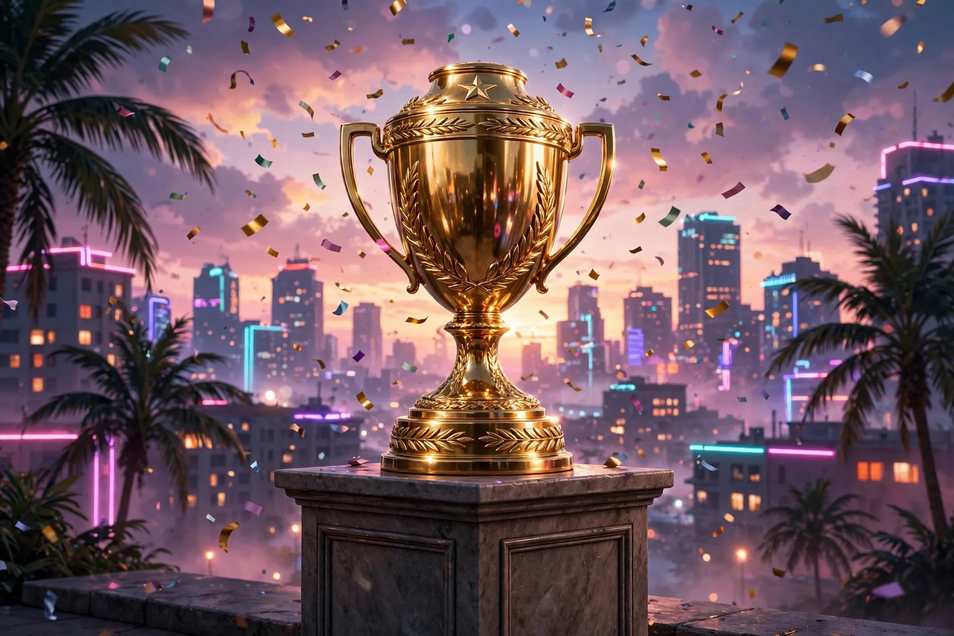 Trofeo dorado de premios de videojuegos sobre un pedestal, con una ciudad neón al atardecer y confeti en el aire, ilustrando la carrera de GTA 6 por el Game of the Year.