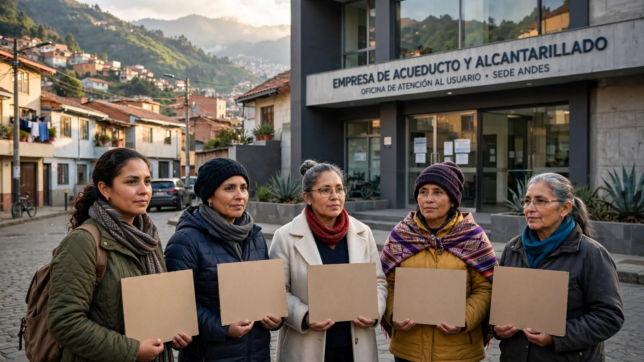 Grupo de mujeres con pancartas en blanco frente a la sede de una empresa municipal de acueducto y alcantarillado en una ciudad andina colombiana.